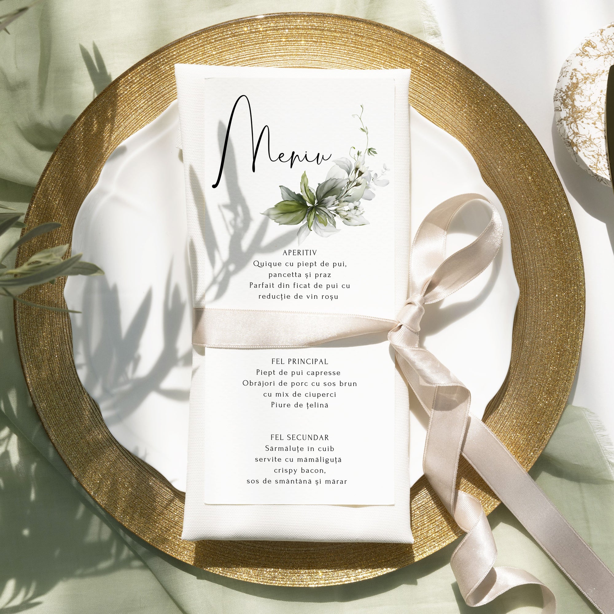 Meniu nuntă individual din carton premium cu design floral elegant – Diandra Events.
