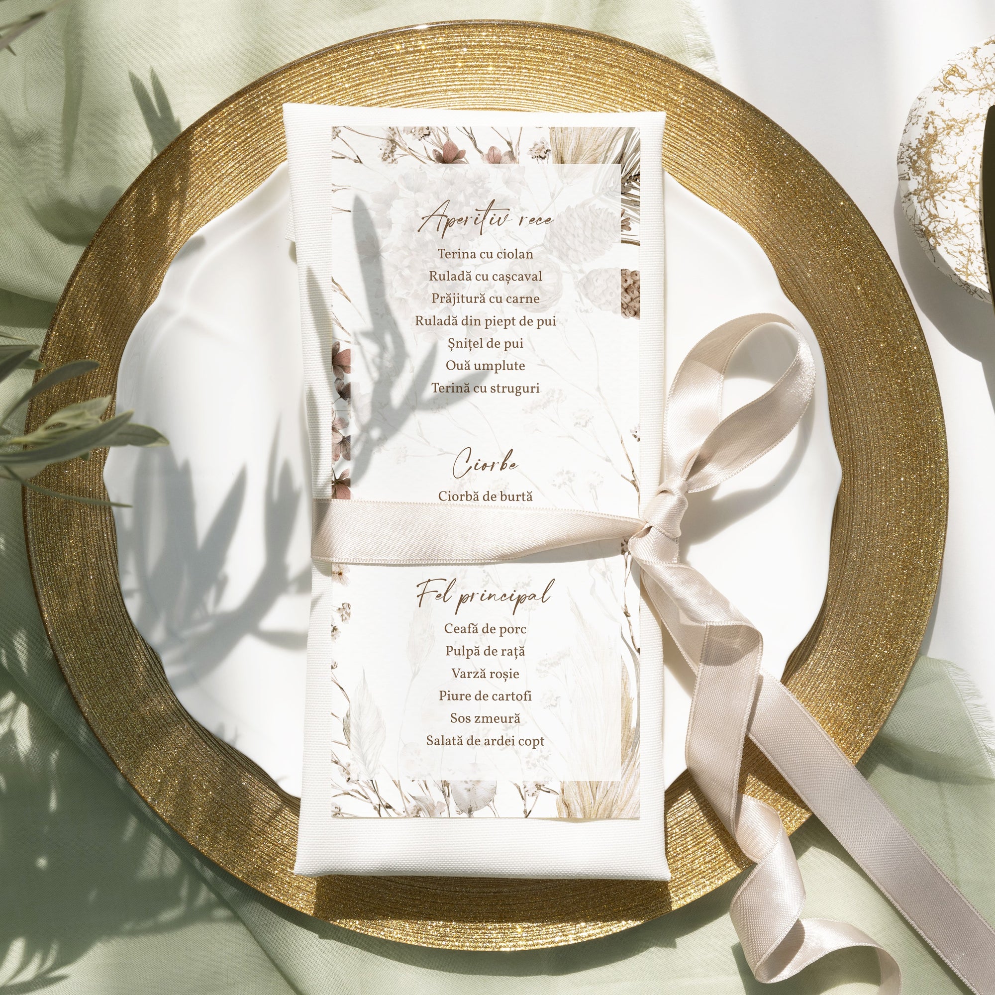 Meniu carton premium individual cu imprimeu floral acuarelă – Diandra Events.