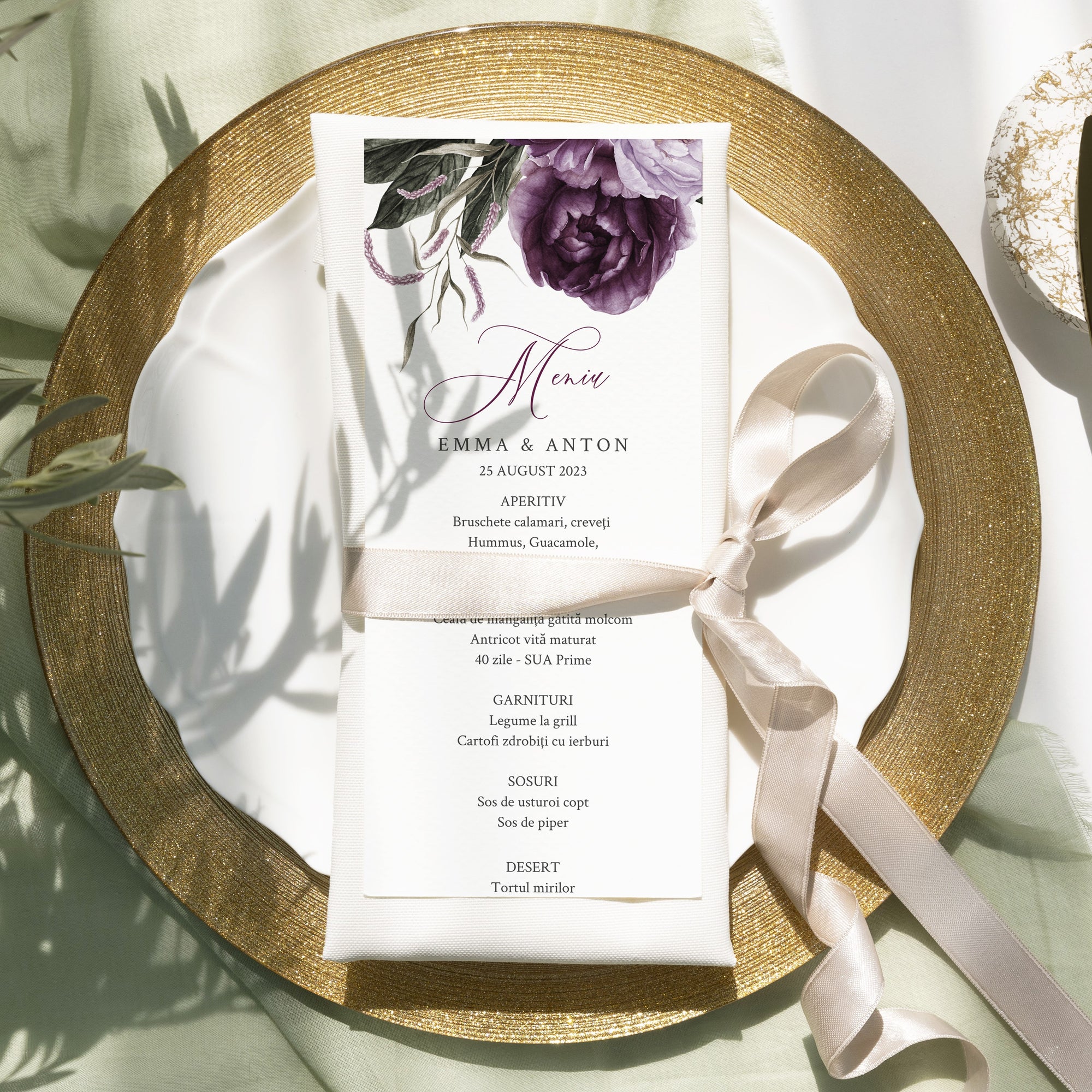 Meniu carton premium individual, ideal pentru nuntă clasică – Diandra Events.