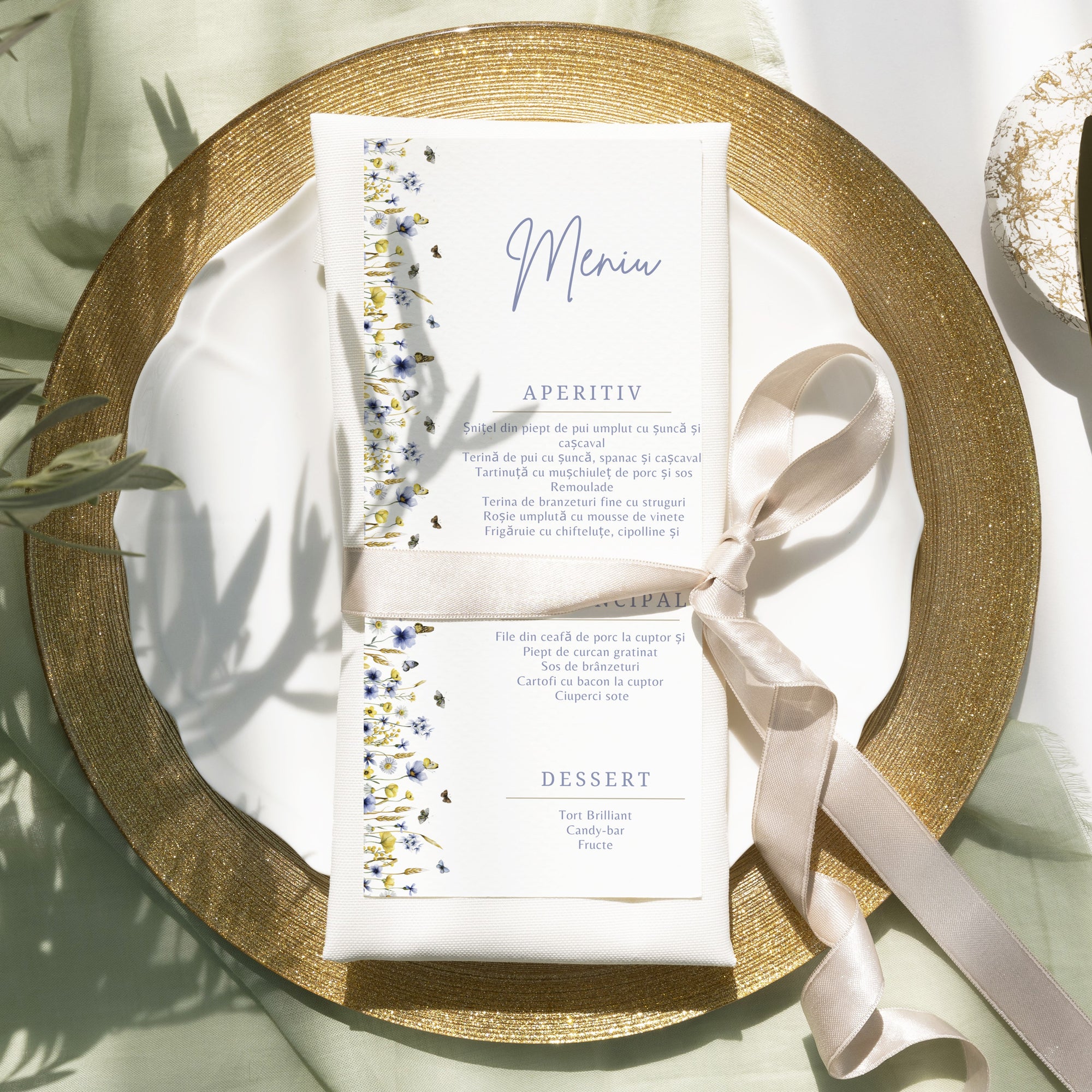 Meniu nuntă floral Sarah albastru și galben vibrant, design elegant premium papetărie de lux – Diandra Events