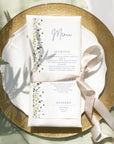 Meniu nuntă floral Sarah albastru și galben vibrant, design elegant premium papetărie de lux – Diandra Events