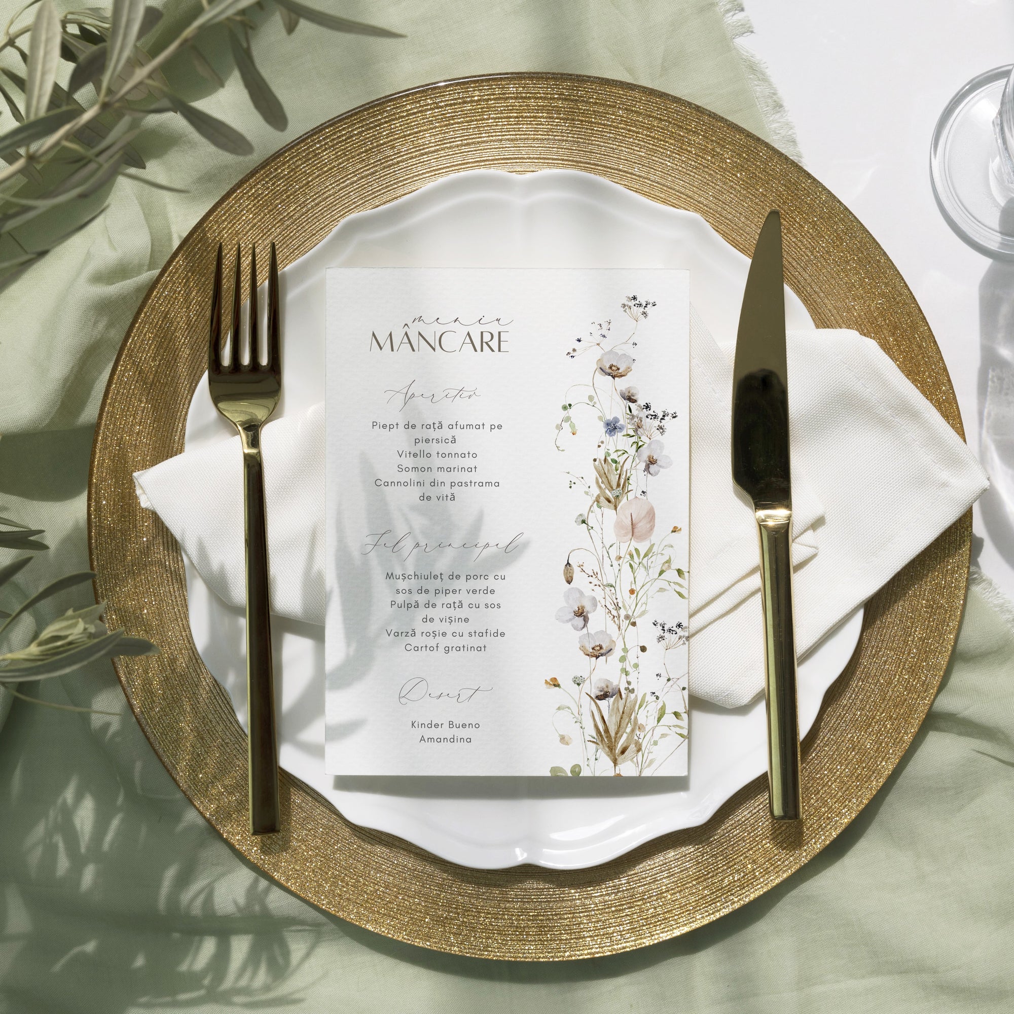 Meniu nuntă personalizat floral pe carton handmade rafinat – Diandra Events
