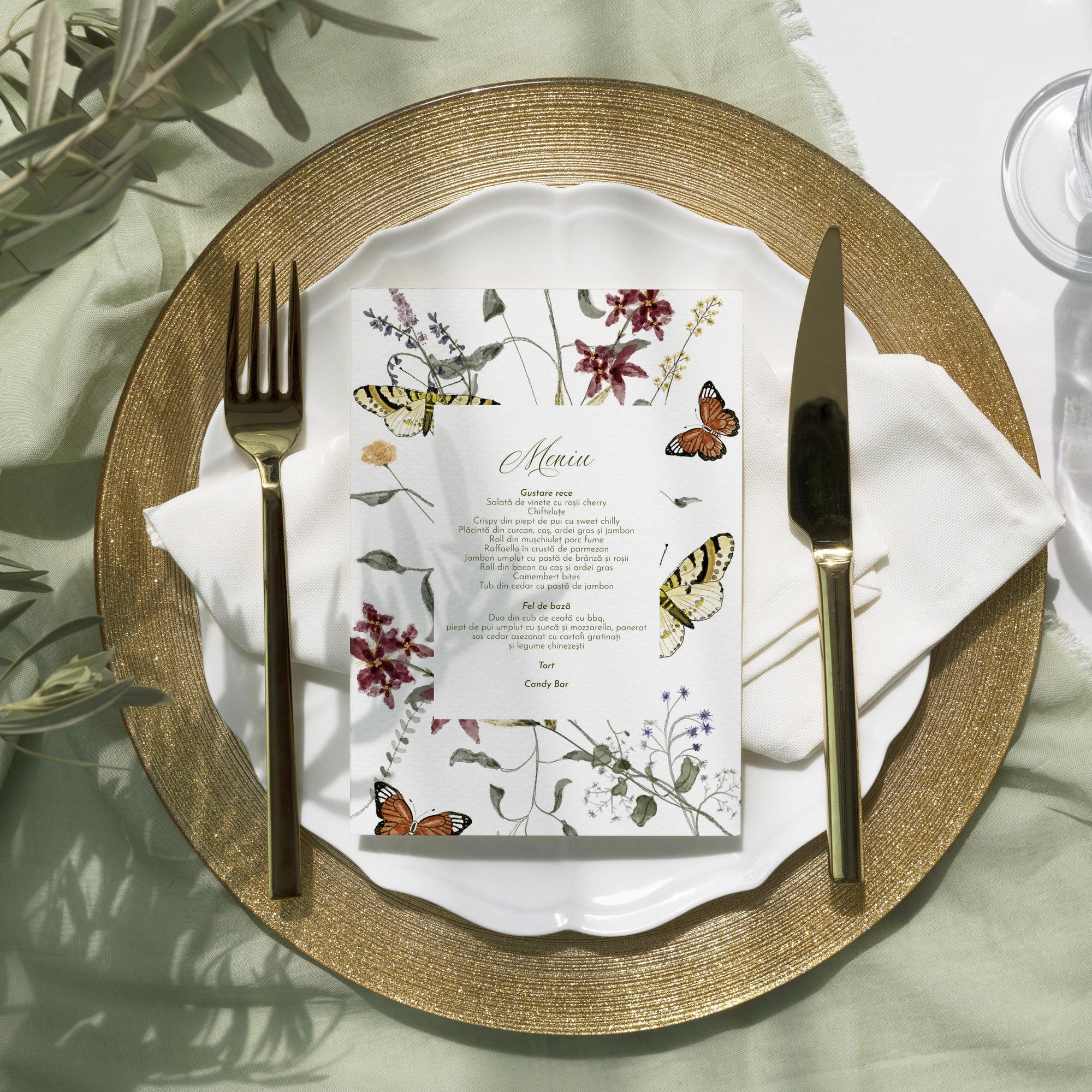 Meniu carton premium individual cu imprimeu floral romantic.