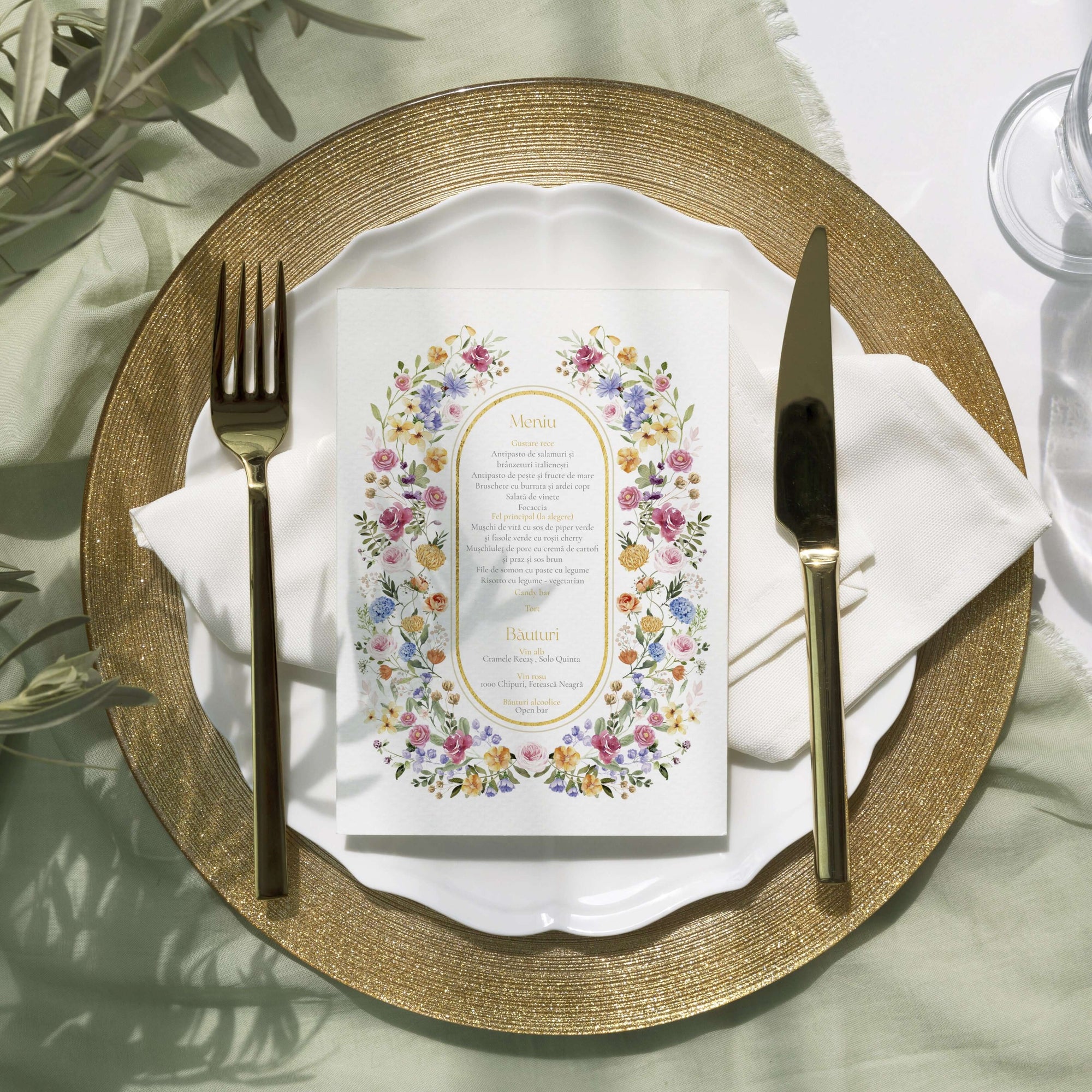 Meniu nuntă floral personalizabil, stil clasic și elegant – Diandra Events