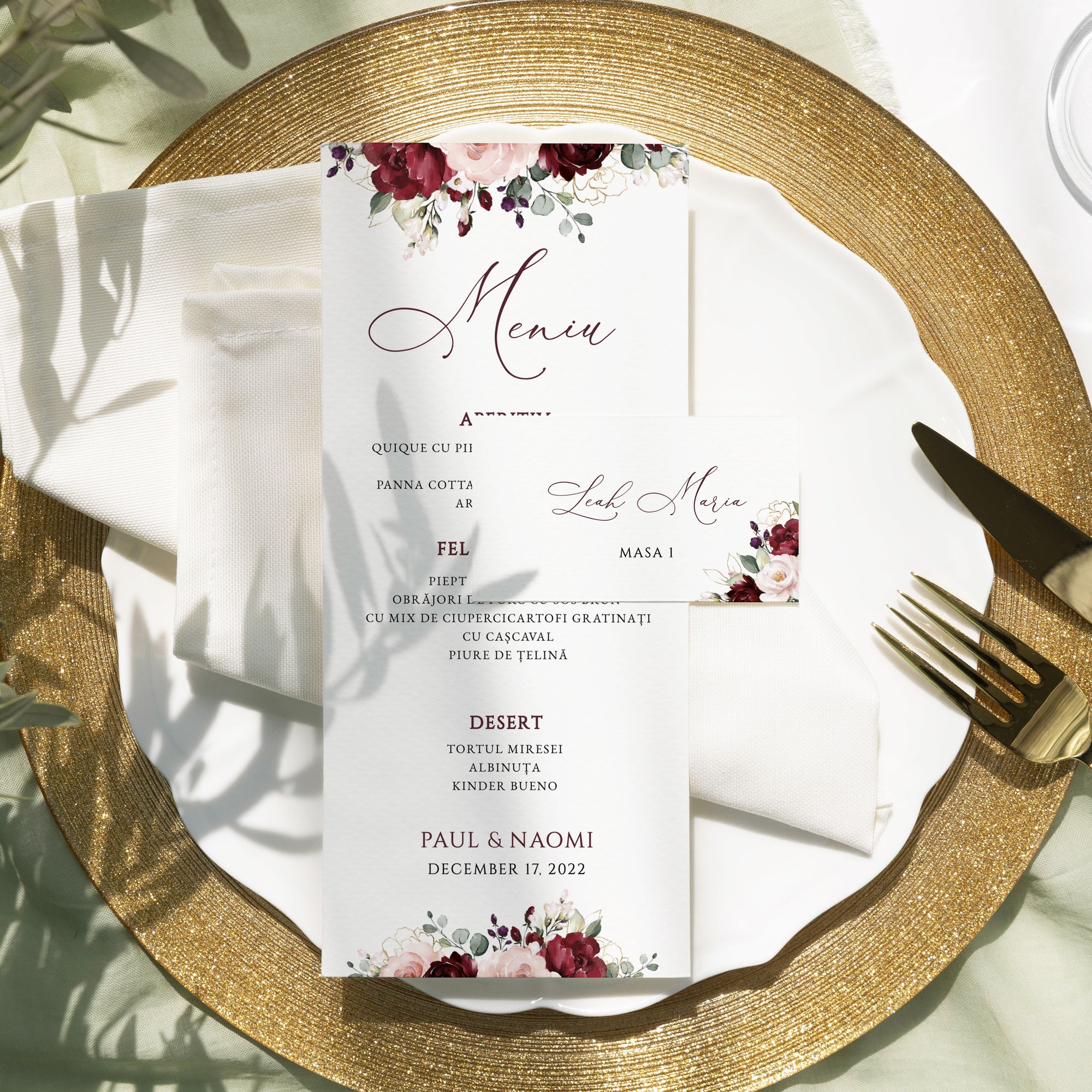 Meniu carton premium individual cu grafică florală rafinată – Diandra Events.