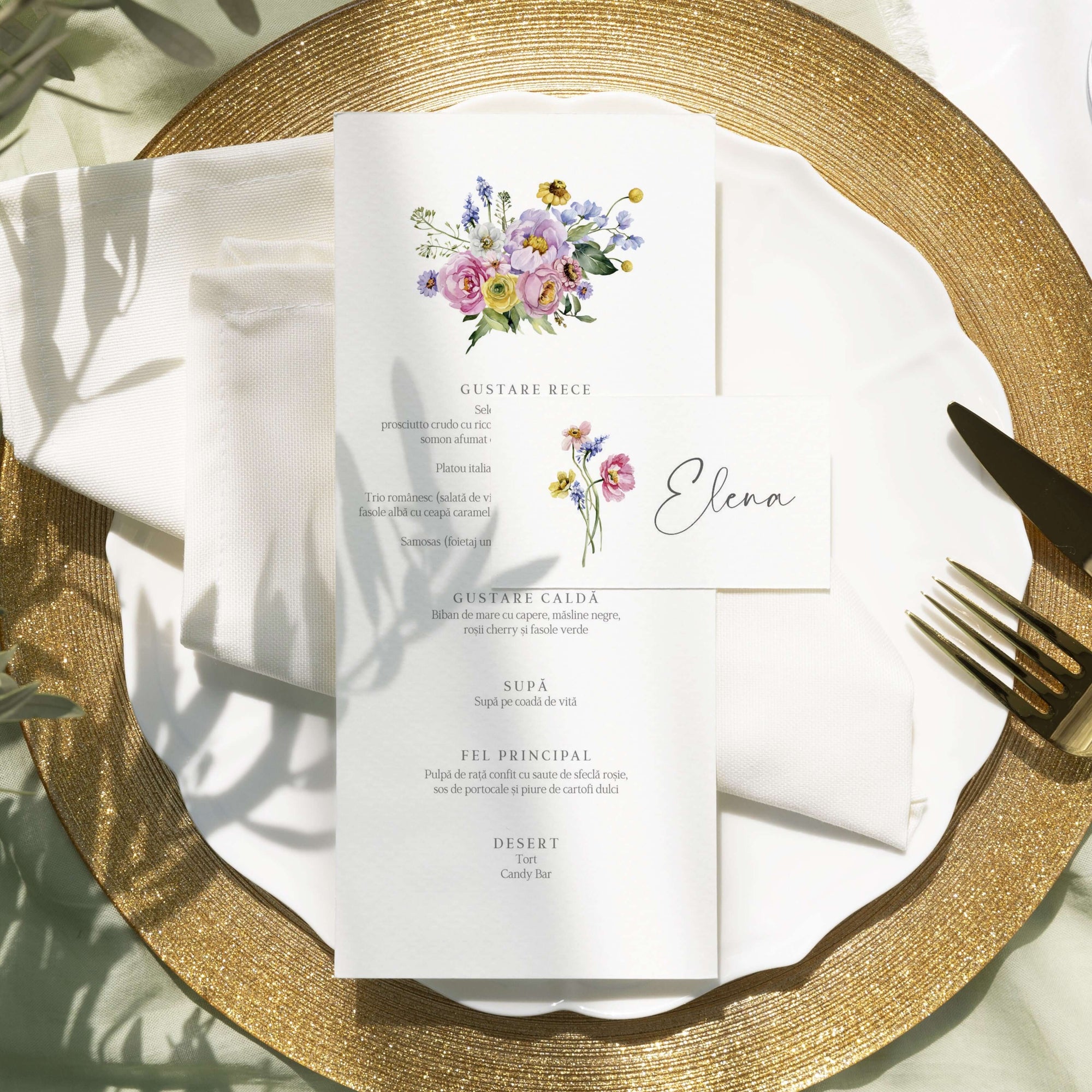 Meniu nuntă personalizat cu design floral rafinat – Diandra Events