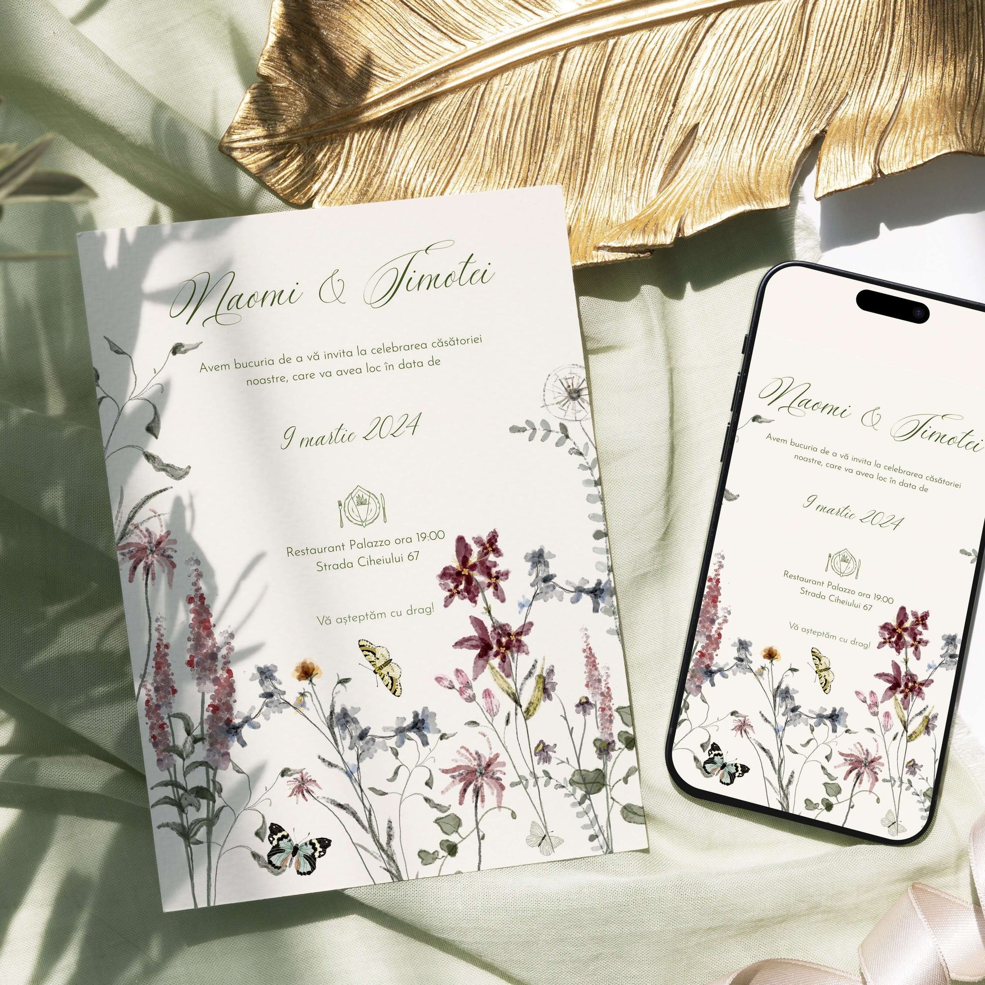 Design modern invitație nuntă florală personalizată pe carton premium – Diandra Events