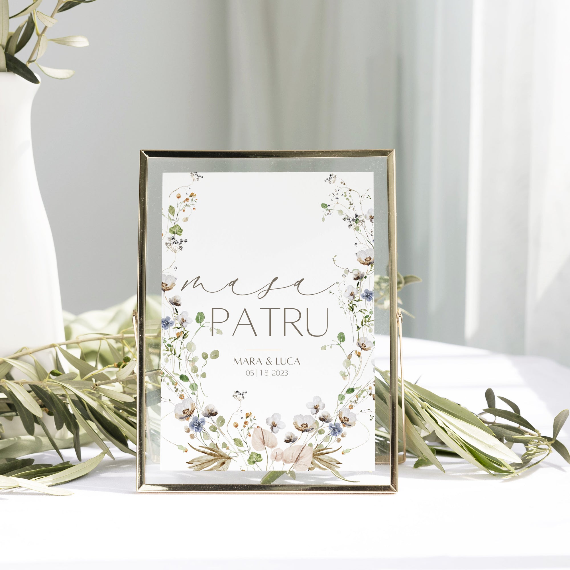Număr masă nuntă floral elegant, realizat pe carton handmade – Diandra Events