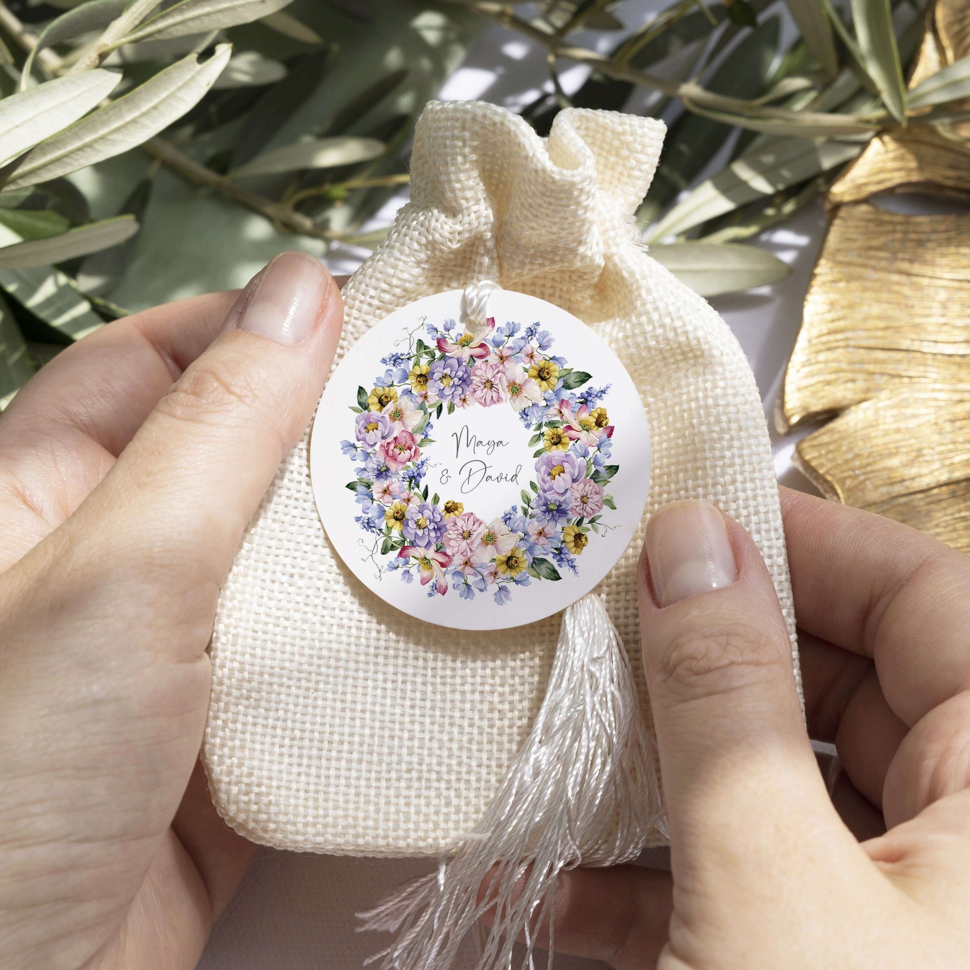 Etichetă florală elegantă pentru nuntă, stil premium personalizat – Diandra Events