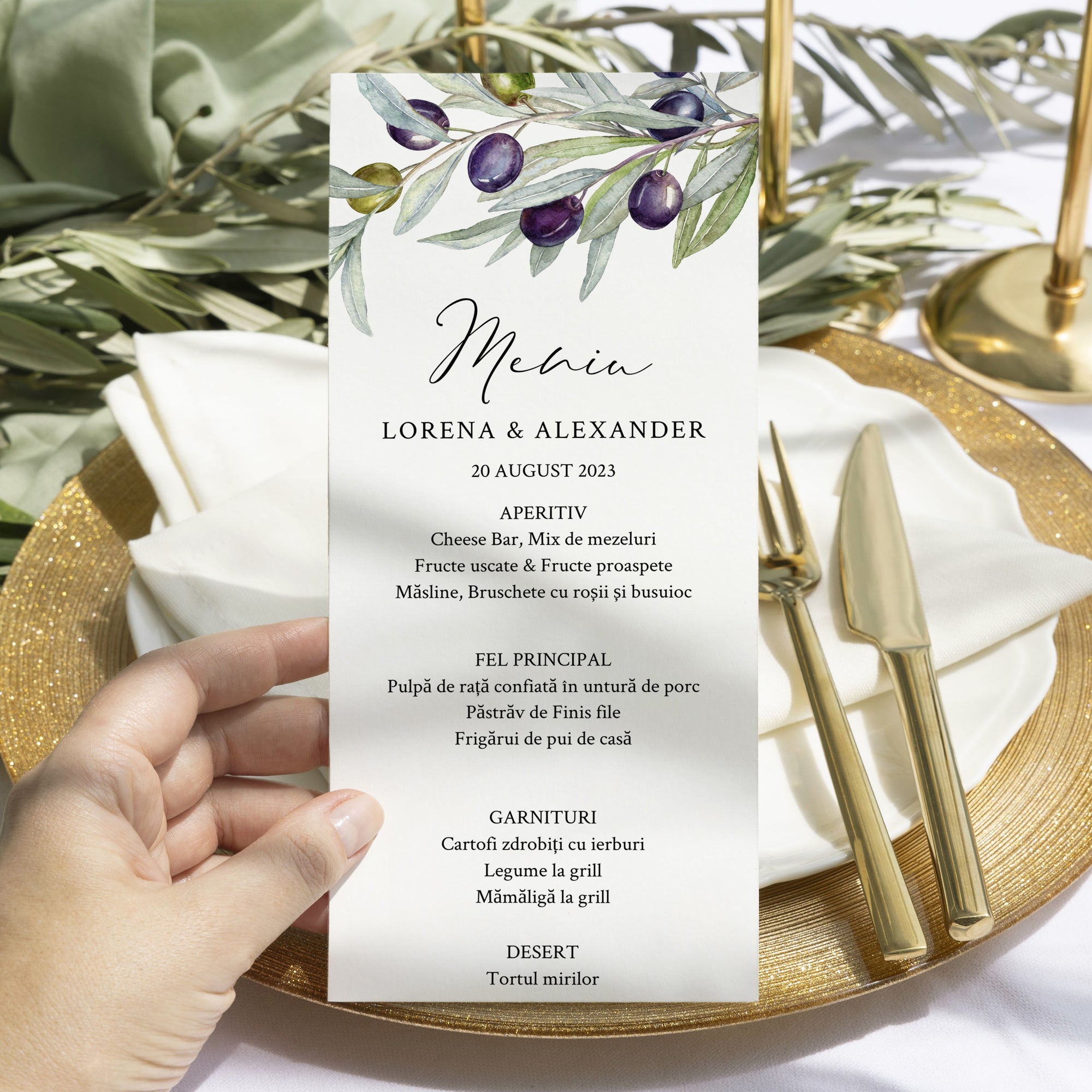 Meniu carton premium individual cu design floral modern.