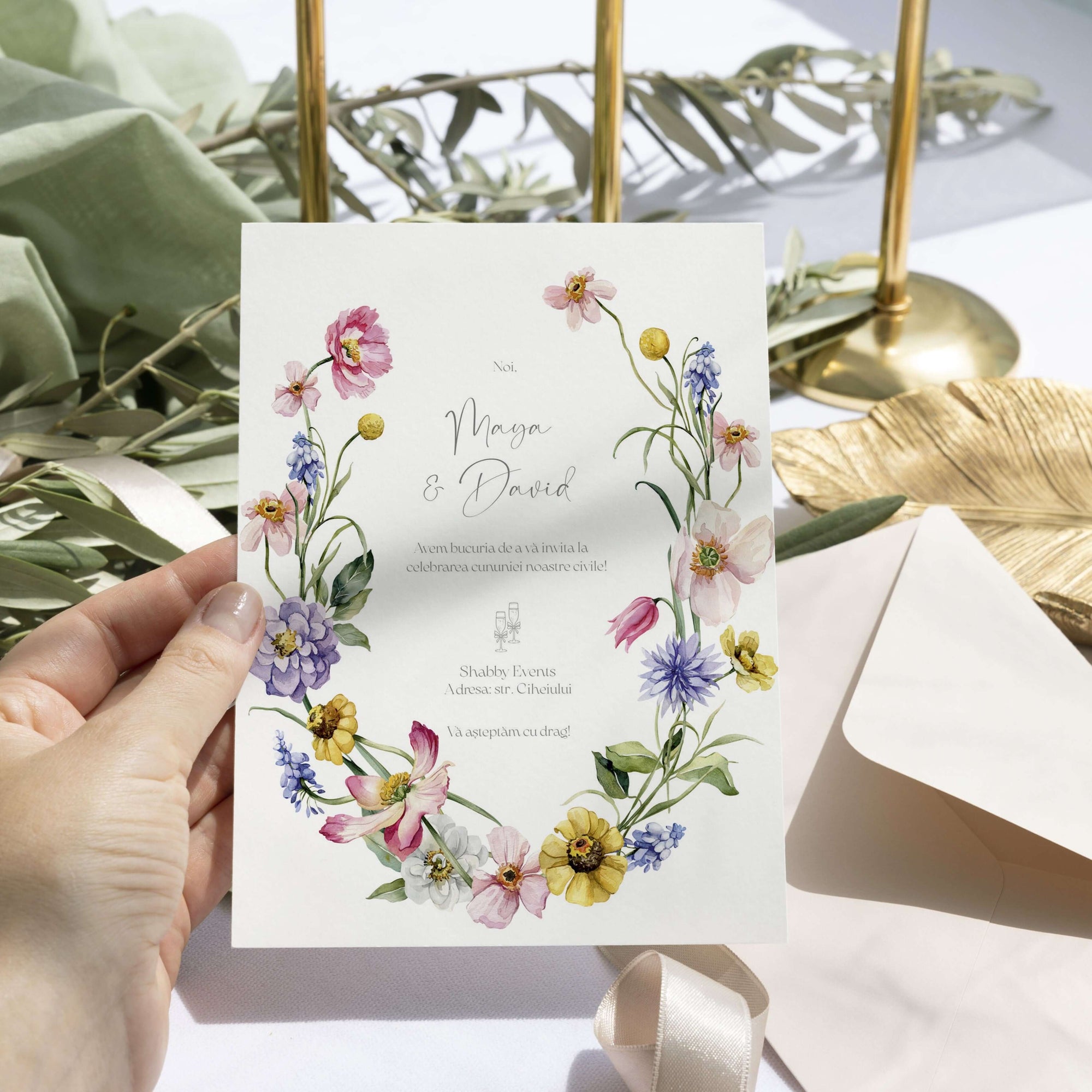 Invitație nuntă florală elegantă acuarelă premium – Diandra Events