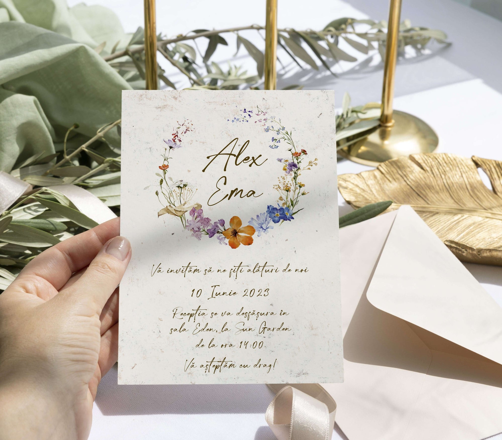 Invitație de nuntă florală rustică elegantă pe carton kraft premium – Diandra Events