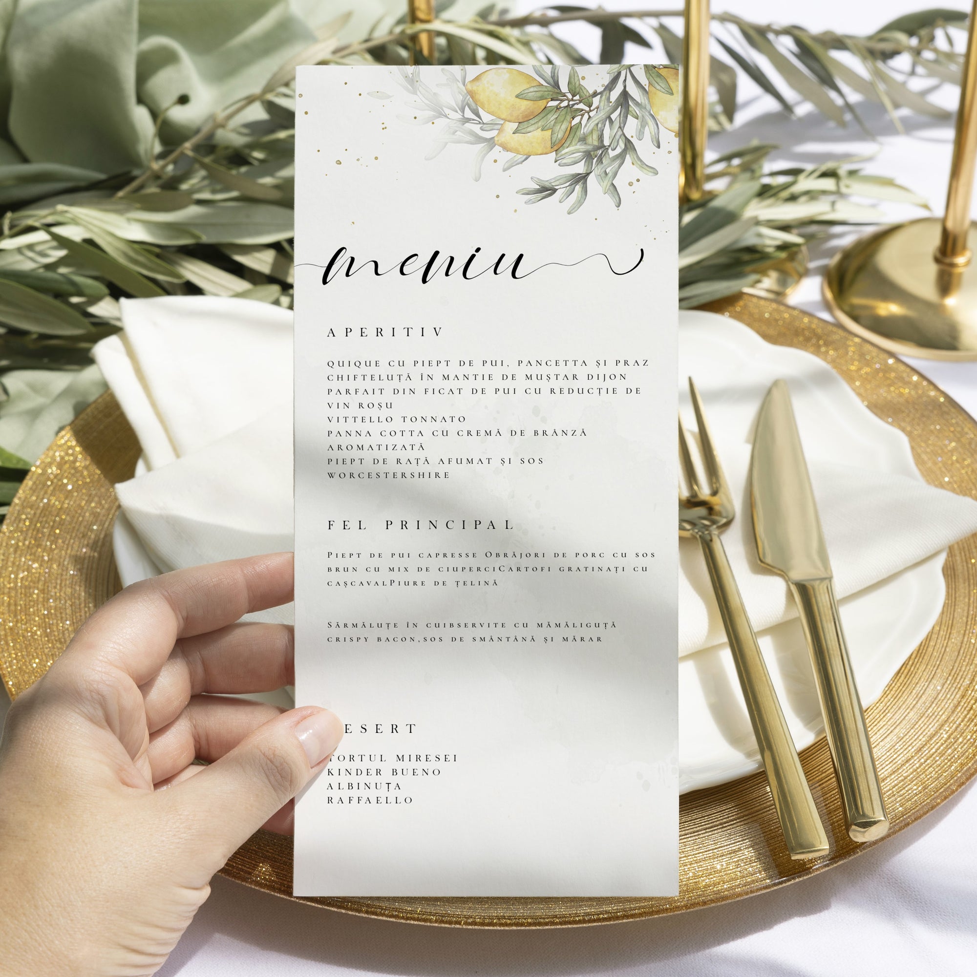 Meniu nuntă individual cu imprimeu floral pe carton premium – Diandra Events.