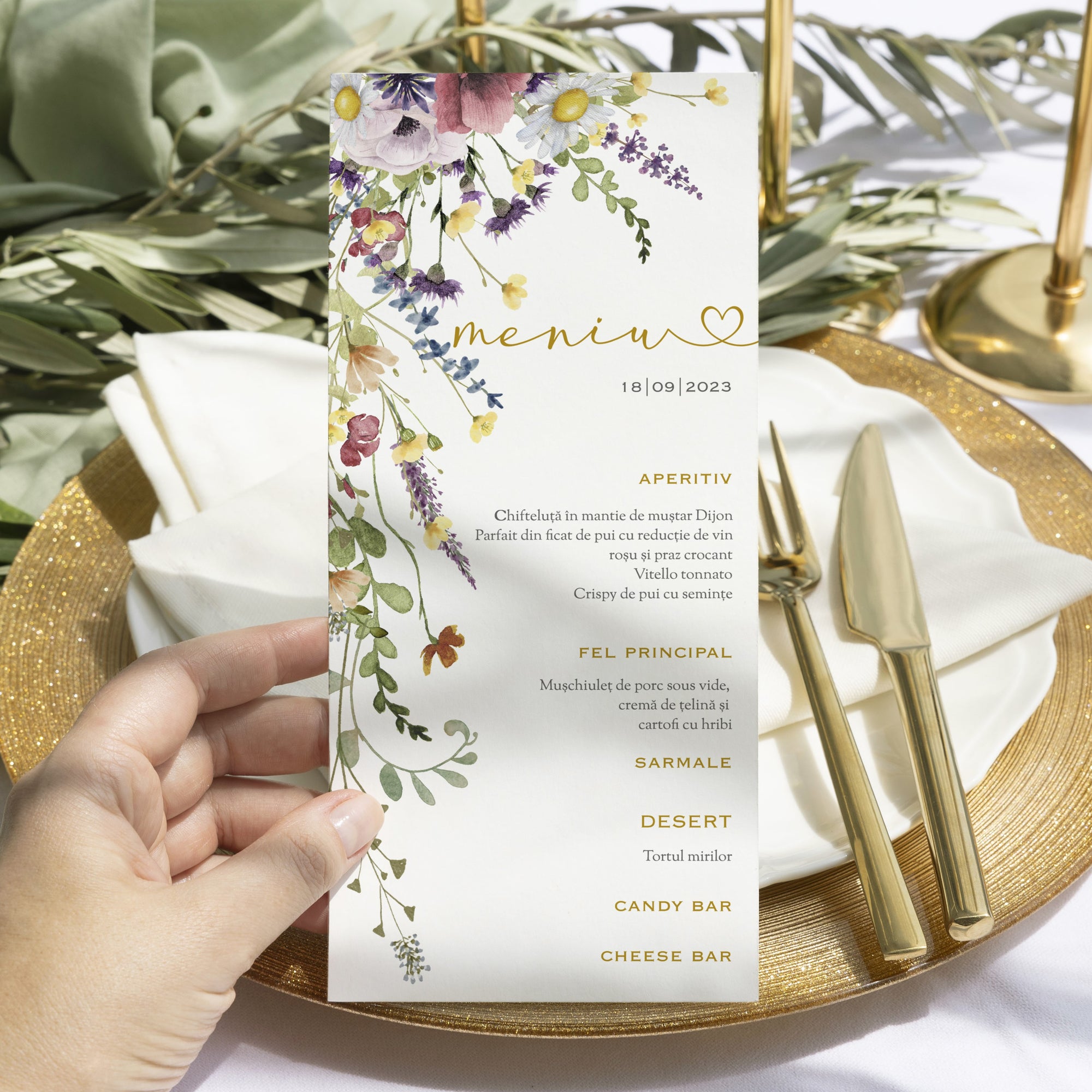 meniu floral acuarelă pentru nuntă de vară, stil rafinat – Diandra Events