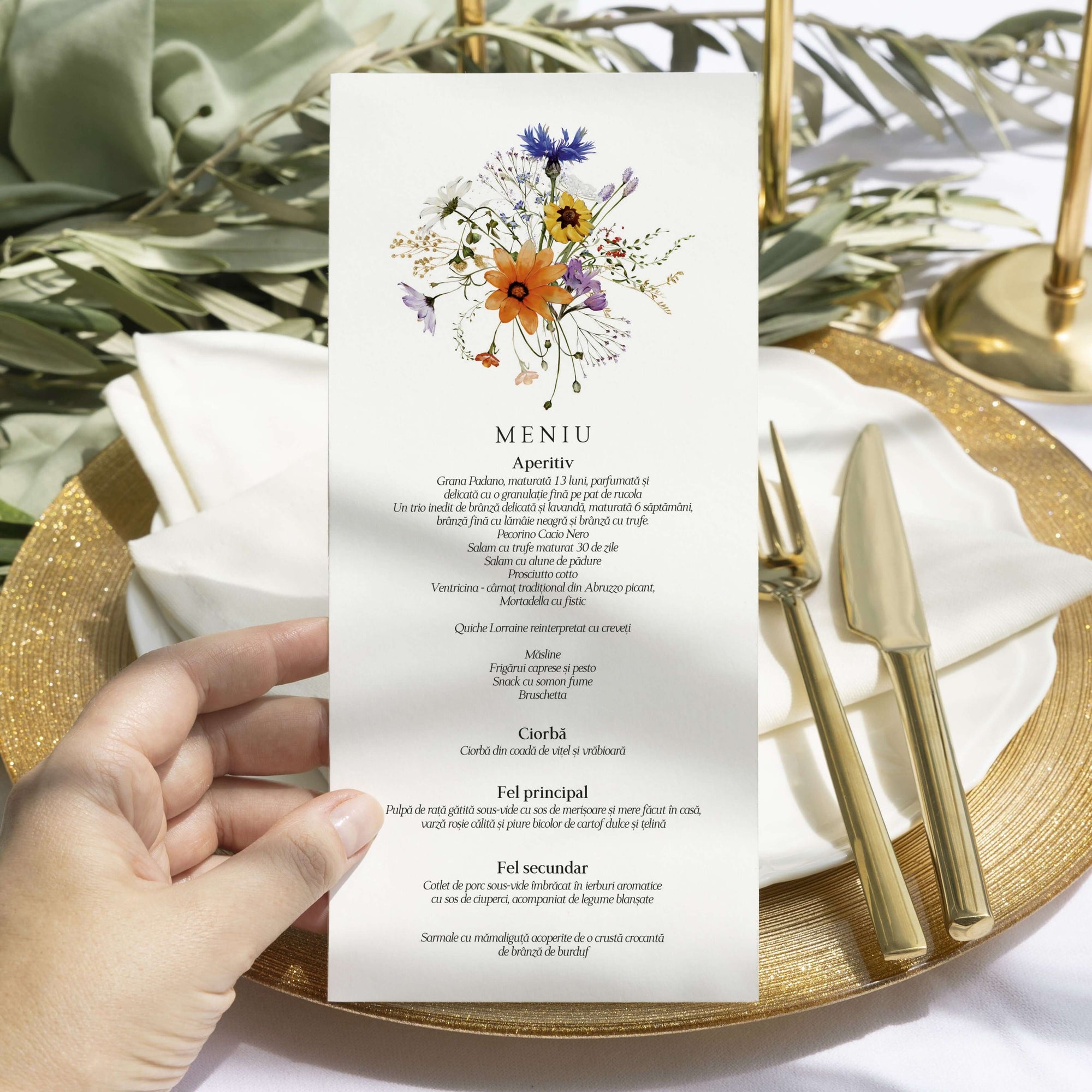 Meniu de nuntă rustic floral pe hârtie premium handmade – Diandra Events