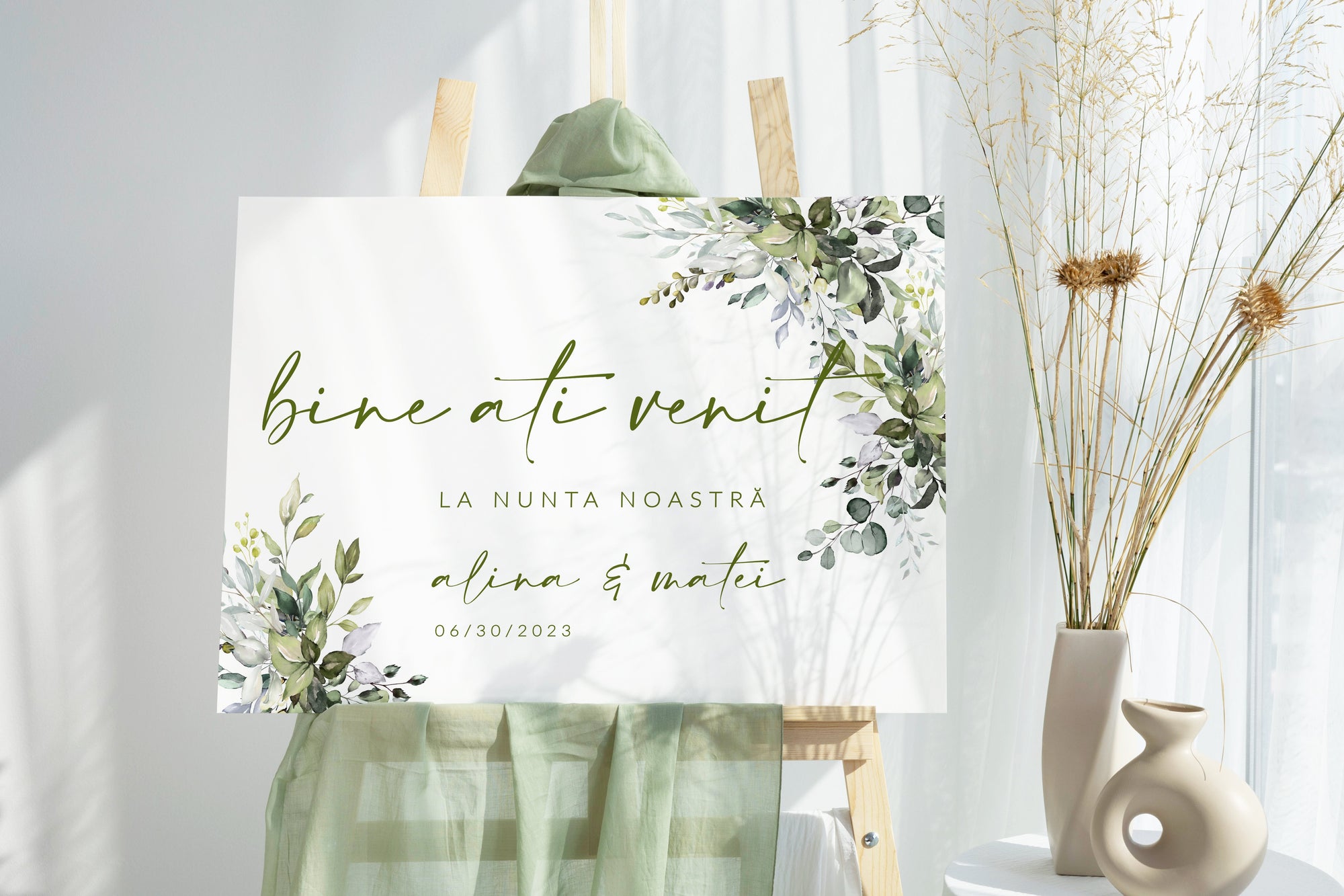 Panou de bun venit nuntă floral elegant cu numele mirilor Diandra Events