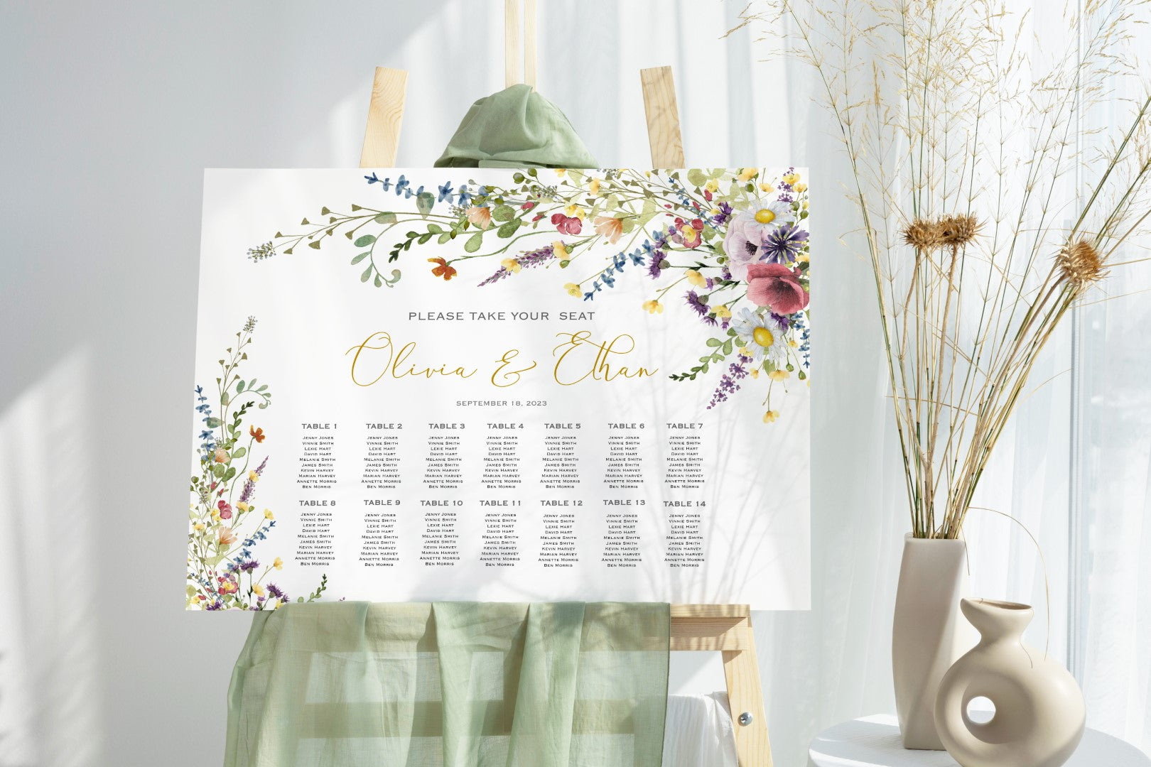 Plan masă acrilic cu fundal floral și font elegant, model standard, Diandra Events