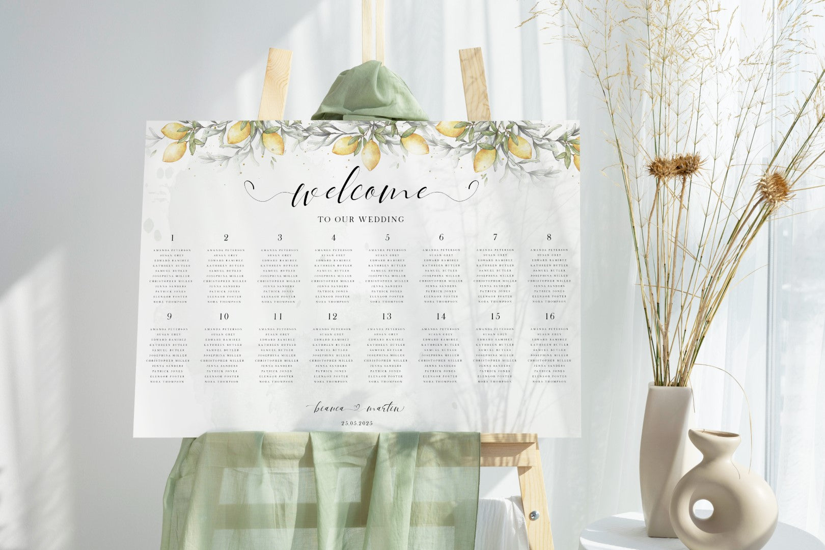 Plan așezare mese PVC alb cu flori colorate, design gata făcut, Diandra Events