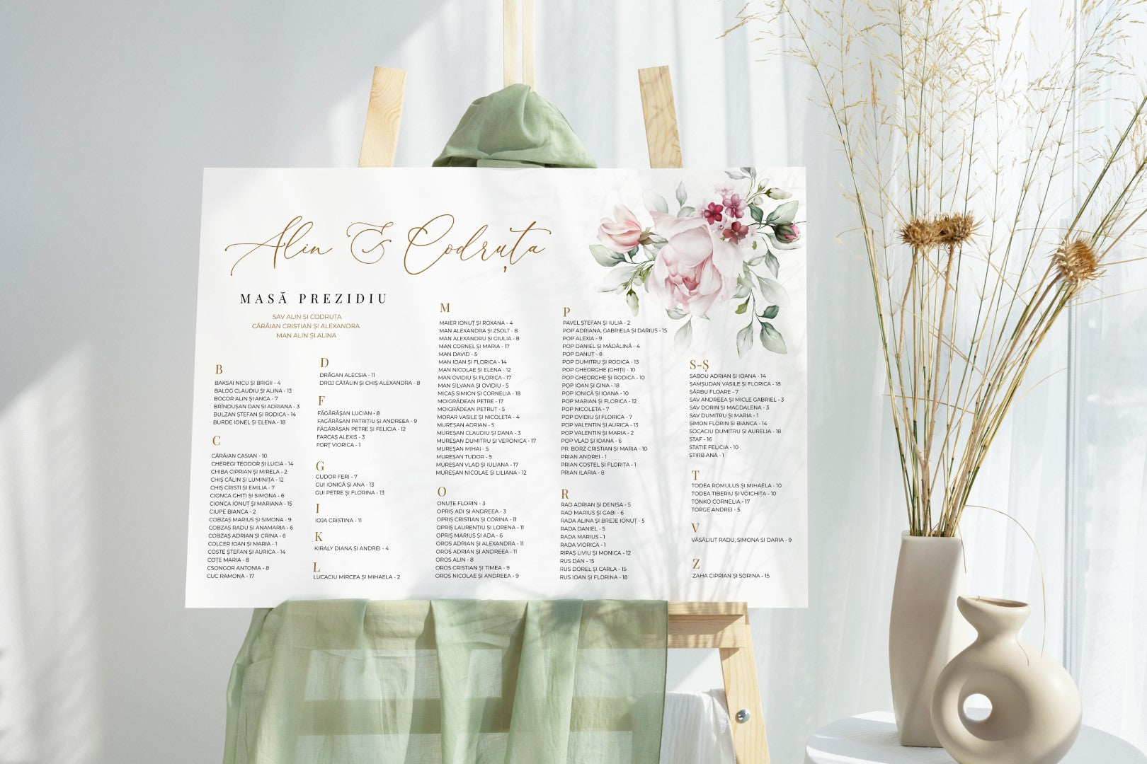 Plan acrilic transparent cu design floral delicat, model predefinit, Diandra Events