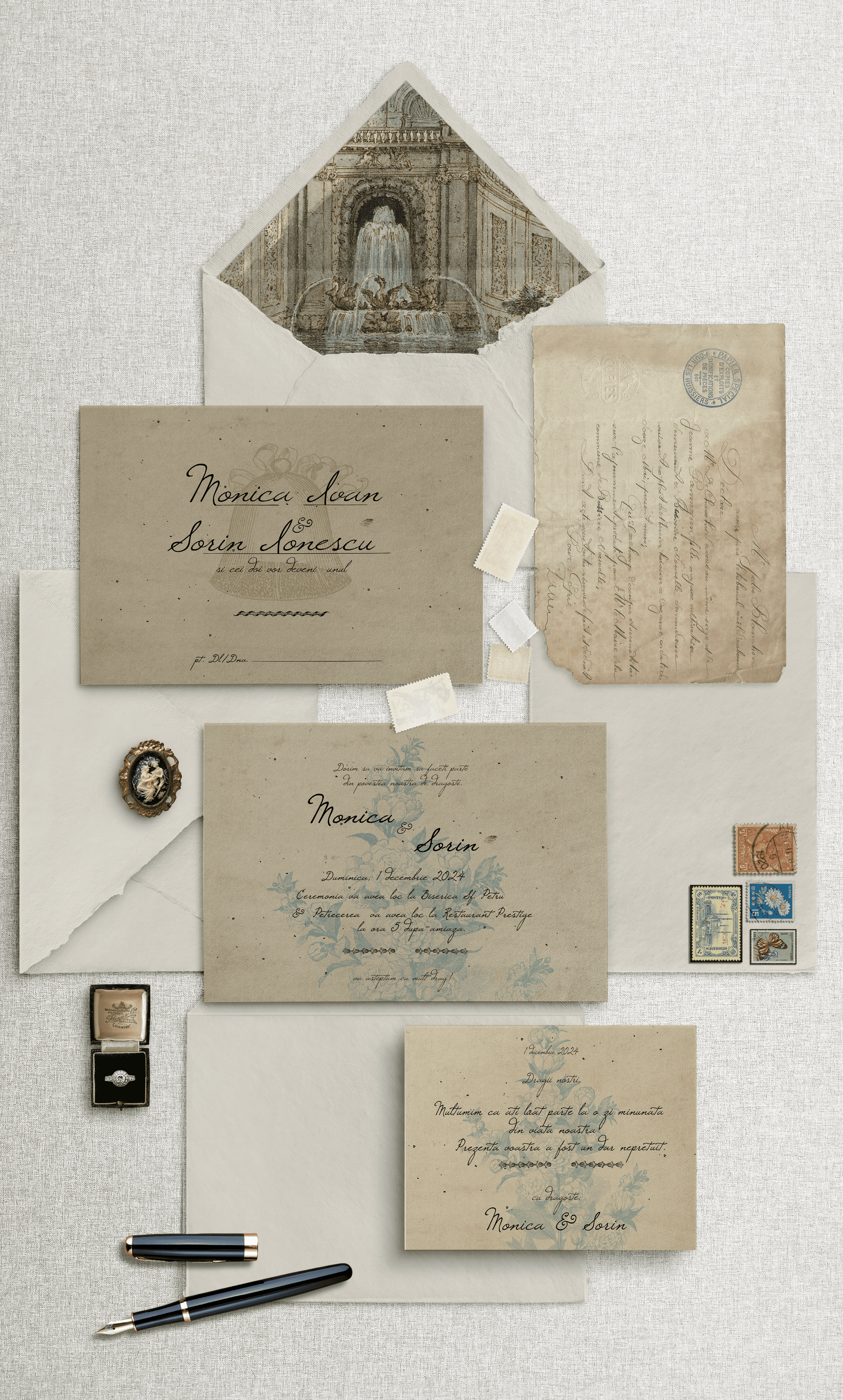 Set invitație nuntă handmade pe hârtie manuală, meniu și card de confirmare, papetărie fine art de lux – Diandra Events