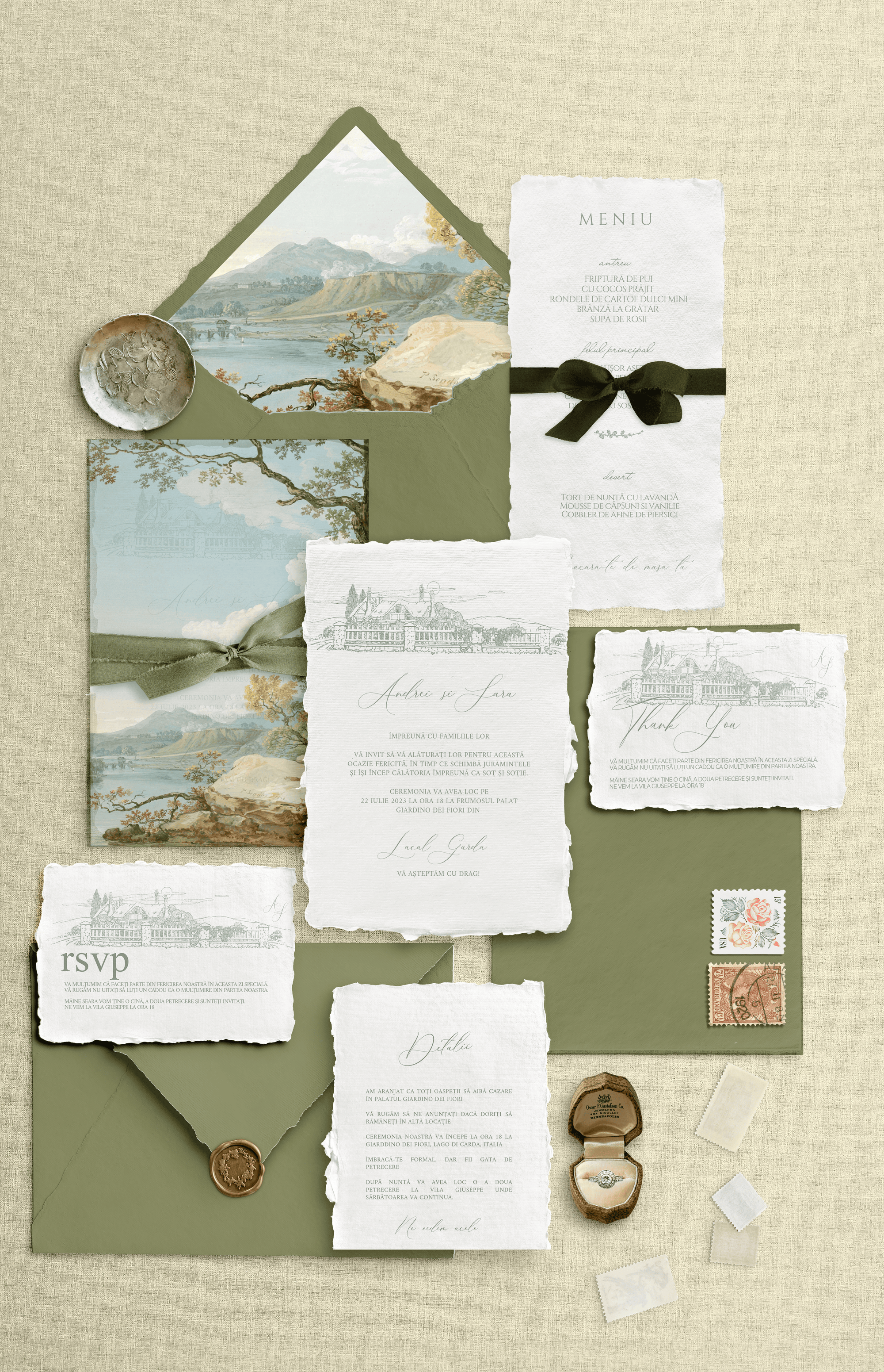 Set invitație nuntă, meniu și card de confirmare handmade, fine art, papetărie fină de lux – Diandra Events