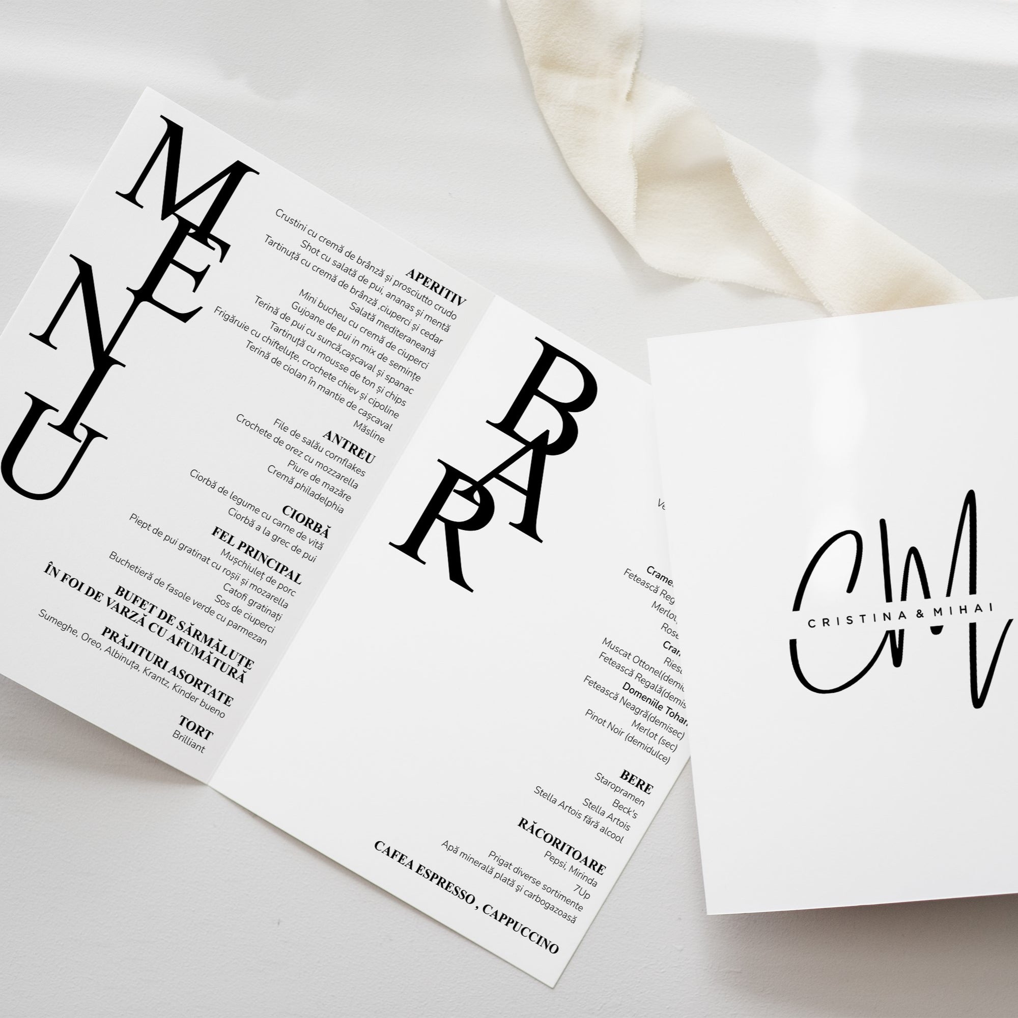 Meniu nuntă tip carte Diandra Events, carton premium handmade, personalizat cu design floral.