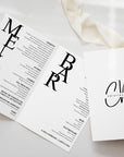 Meniu nuntă tip carte Diandra Events, carton premium handmade, personalizat cu design floral.