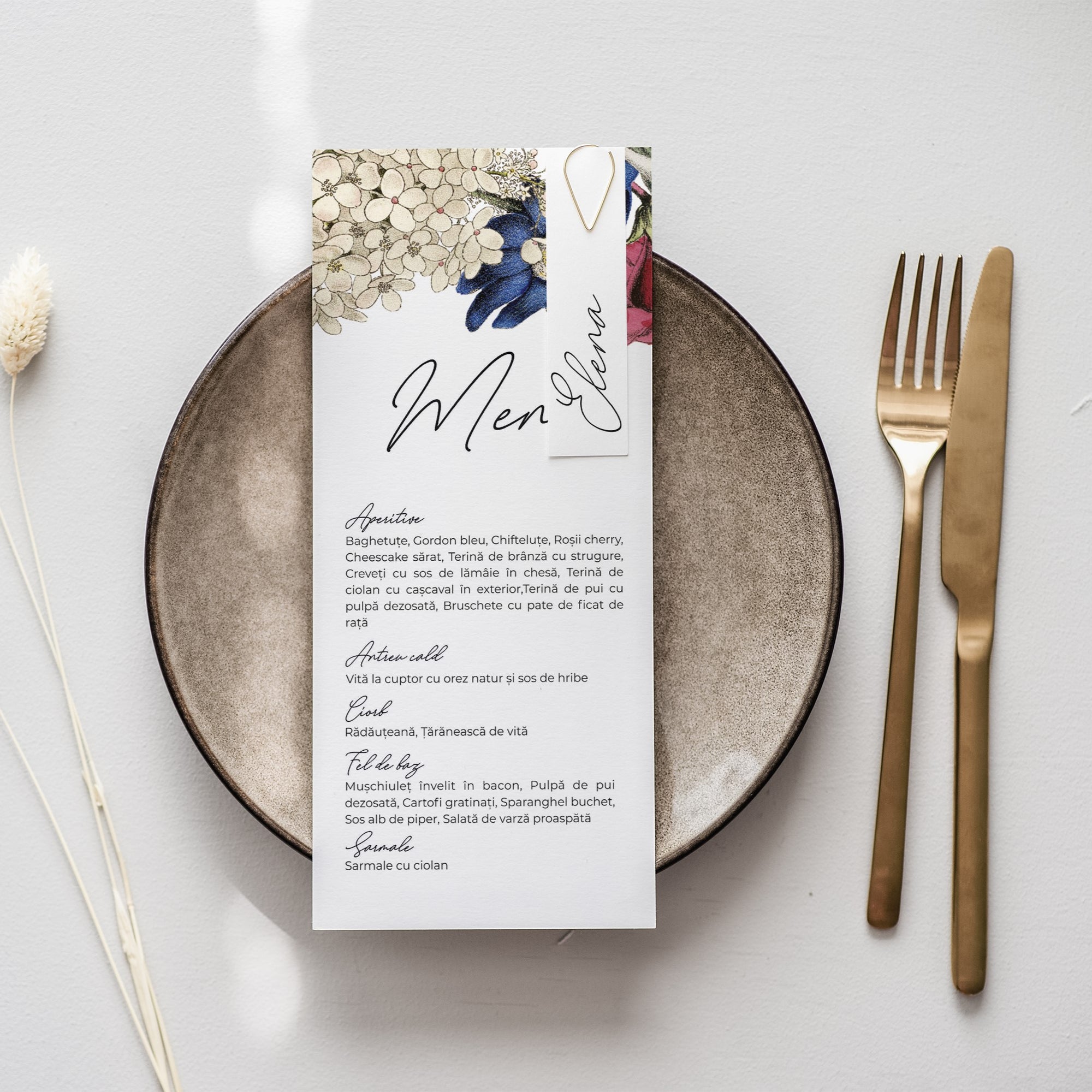 Meniu individual carton premium pentru decor masă nuntă – Diandra Events.