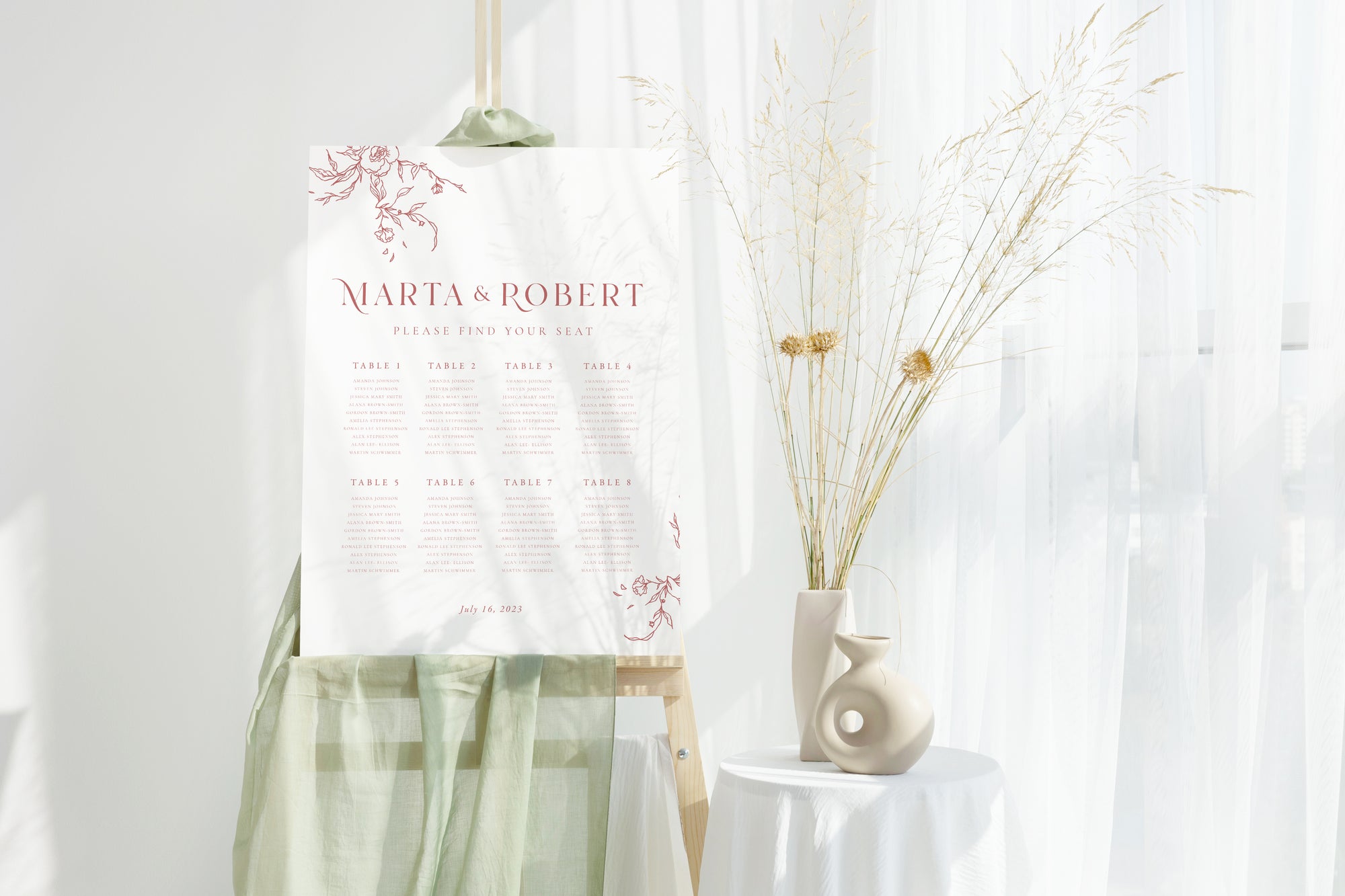 Plan de așezare mese acrilic alb cu șablon floral elegant, Diandra Events