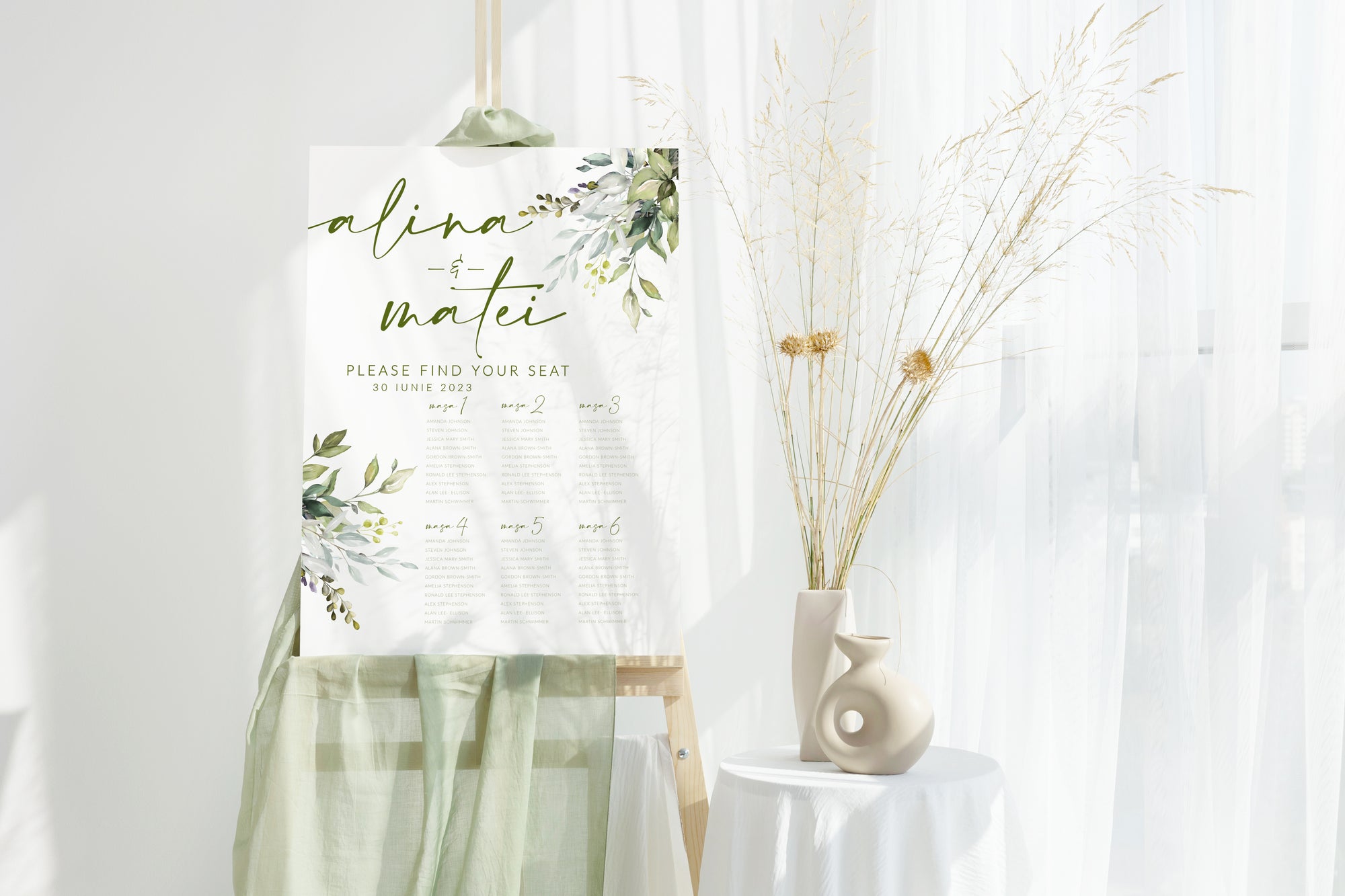 Plan așezare mese din acril cu design floral gata făcut, Diandra Events