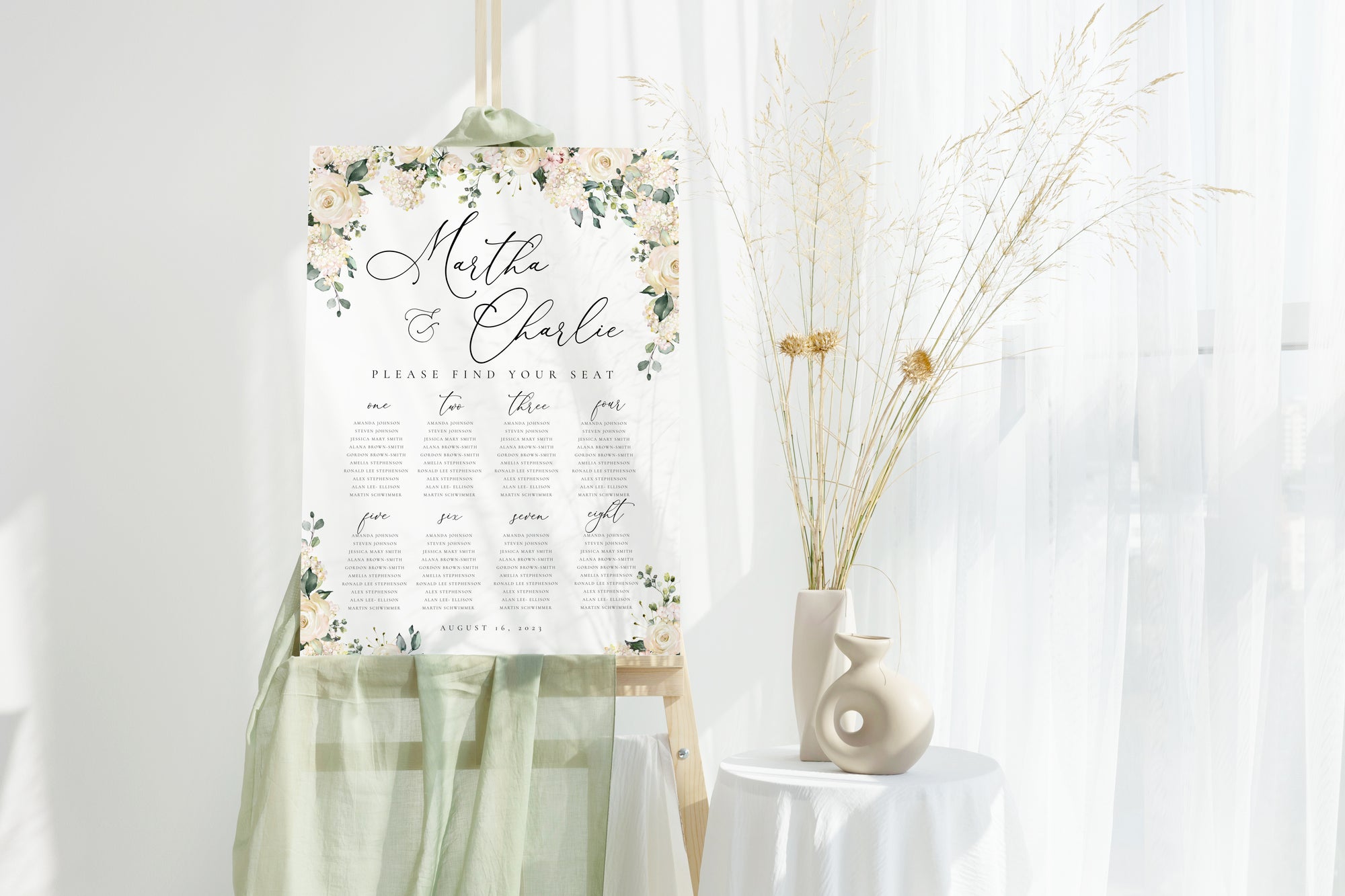 Panou PVC așezare mese cu grafică florală clasică, model gata făcut, Diandra Events