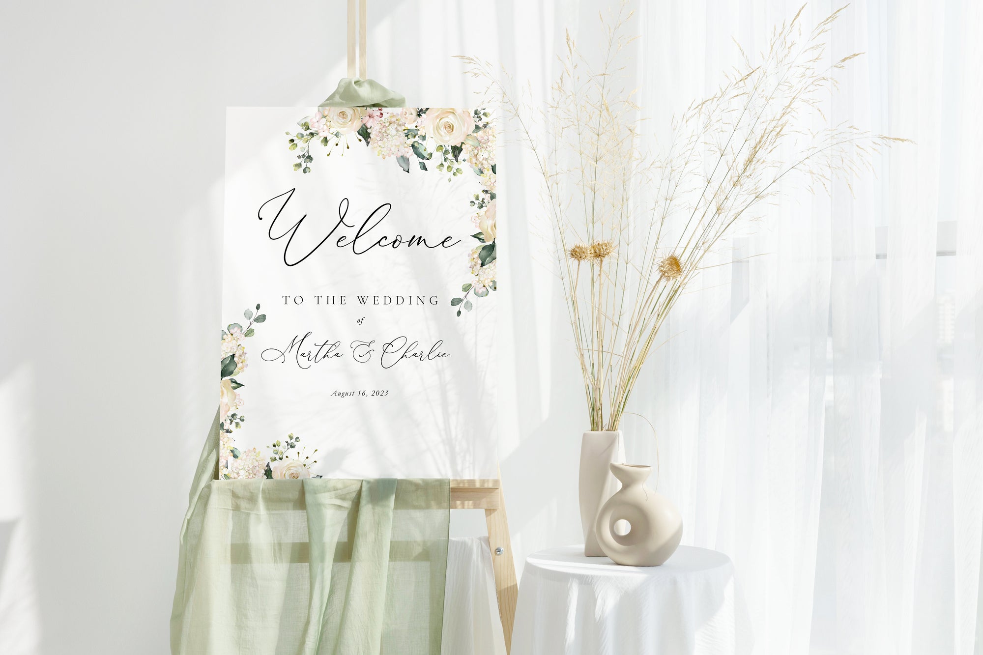 Panou bun venit floral pentru nuntă personalizat decor alb