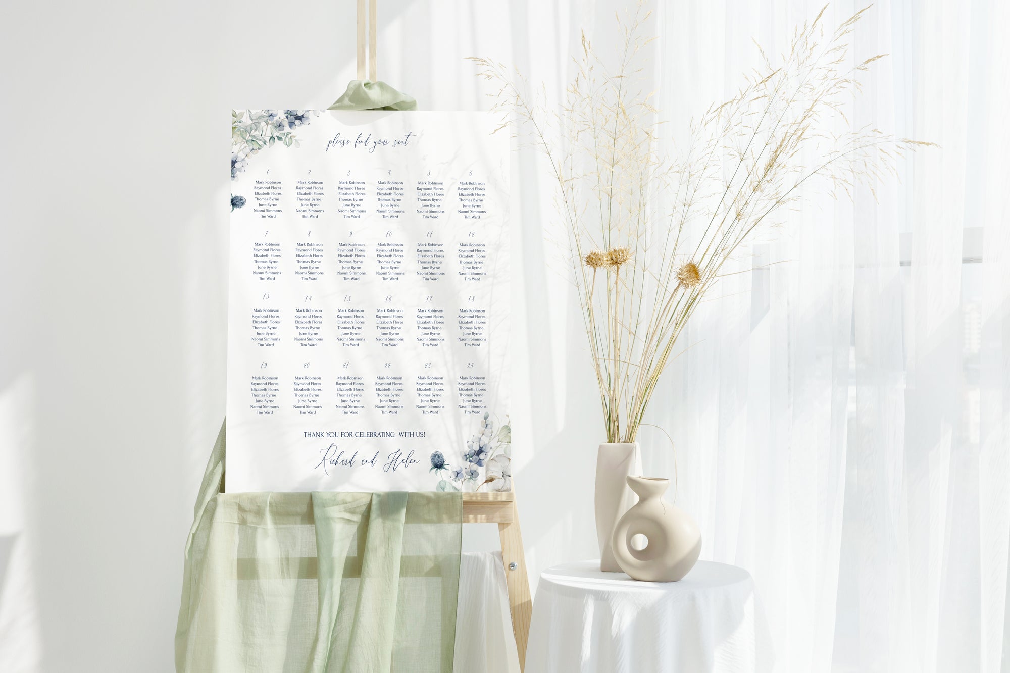 Plan masă PVC cu detalii florale aurii, model standard, Diandra Events