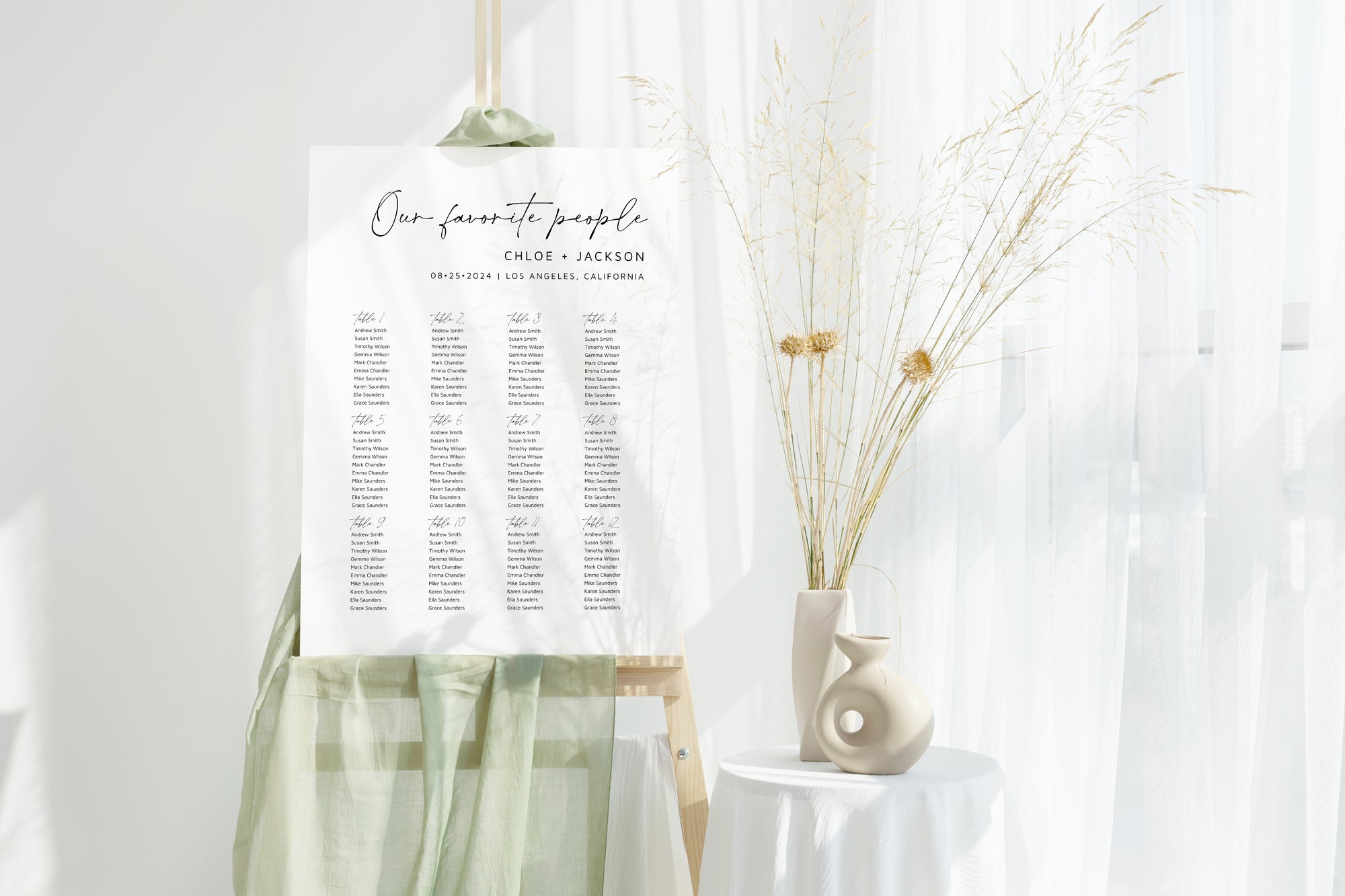 Panou PVC alb cu listă mese și imprimeu floral pastel, model gata făcut, Diandra Events