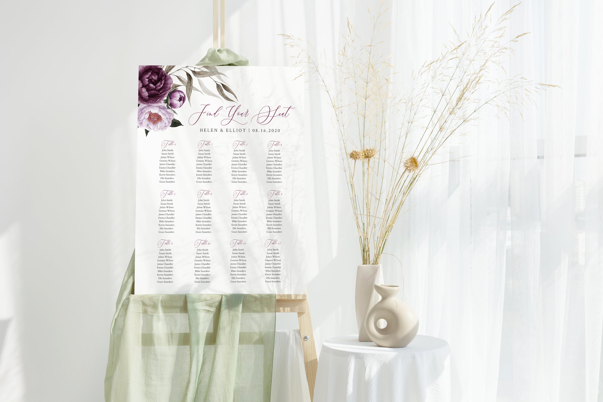 Plan așezare mese PVC cu flori acuarelă și text caligrafic, model standard, Diandra Events