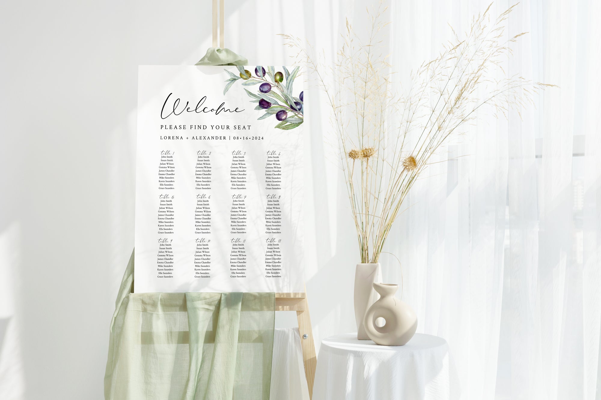 Plan acrilic alb cu model floral și numere de masă gata realizate, Diandra Events