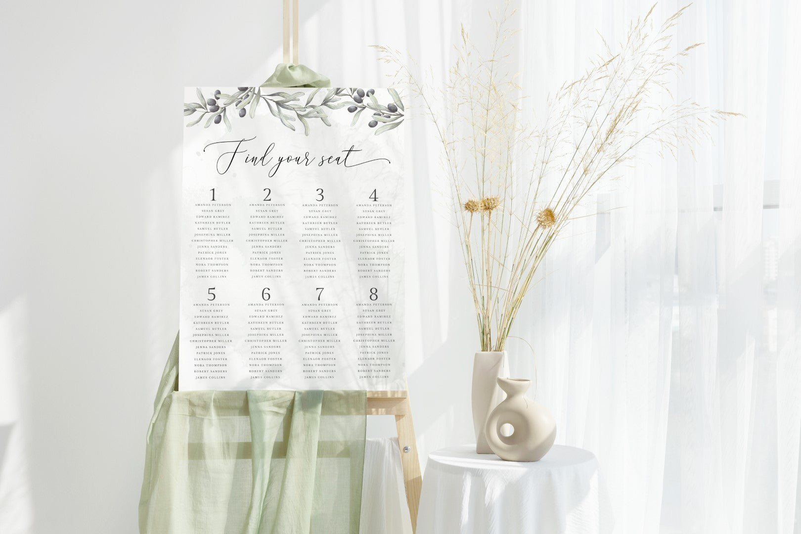 Panou PVC cu listă mese și flori aurii gata realizate, Diandra Events