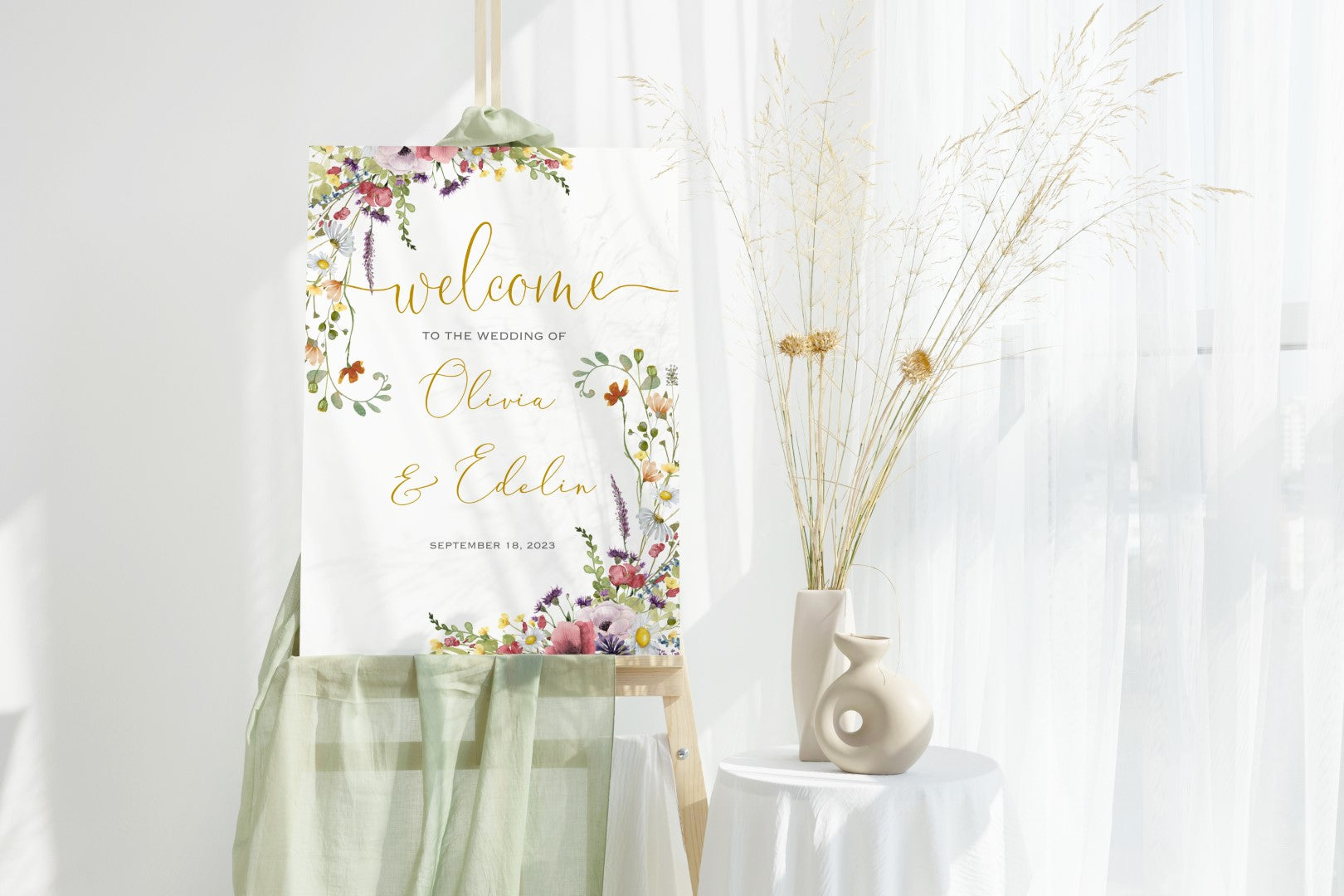 Panou bun venit floral nuntă clasic personalizat fundal alb Diandra Events