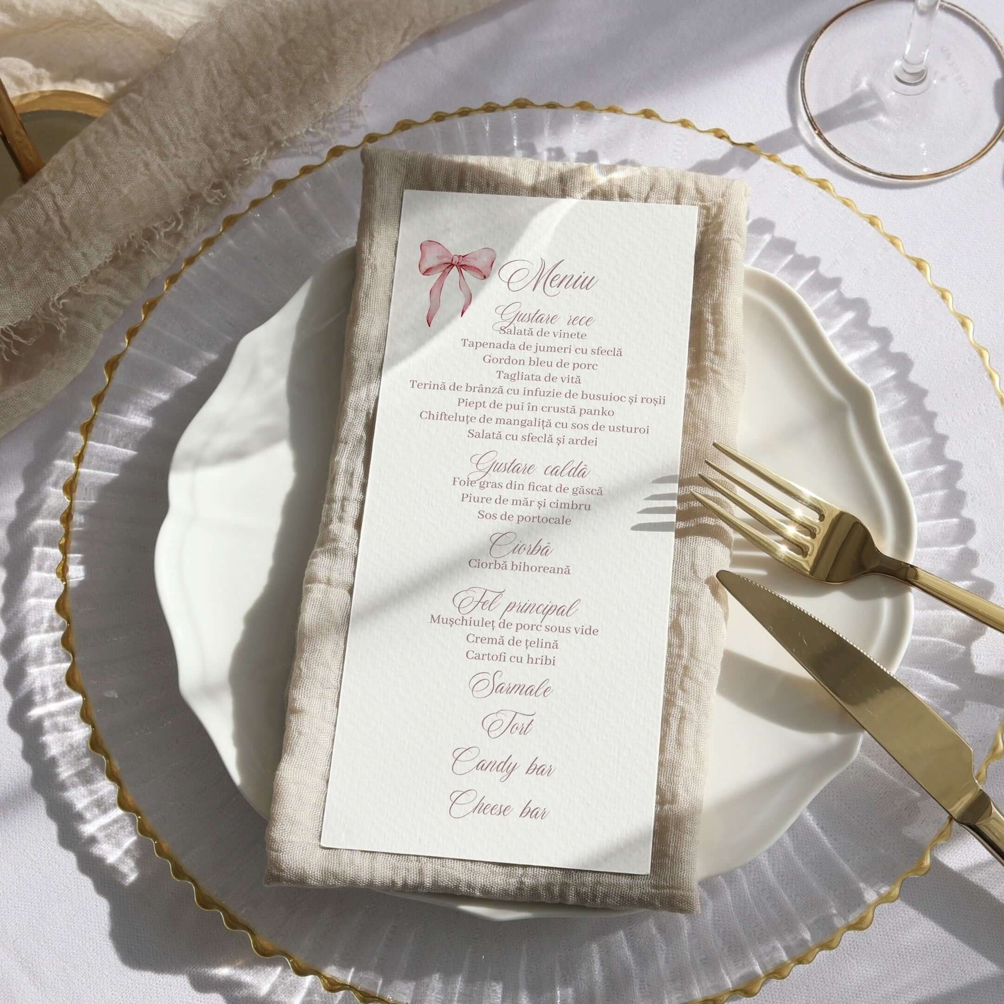 Meniu individual botez cu fundiță roz, print pe carton premium, personalizabil – Diandra Events