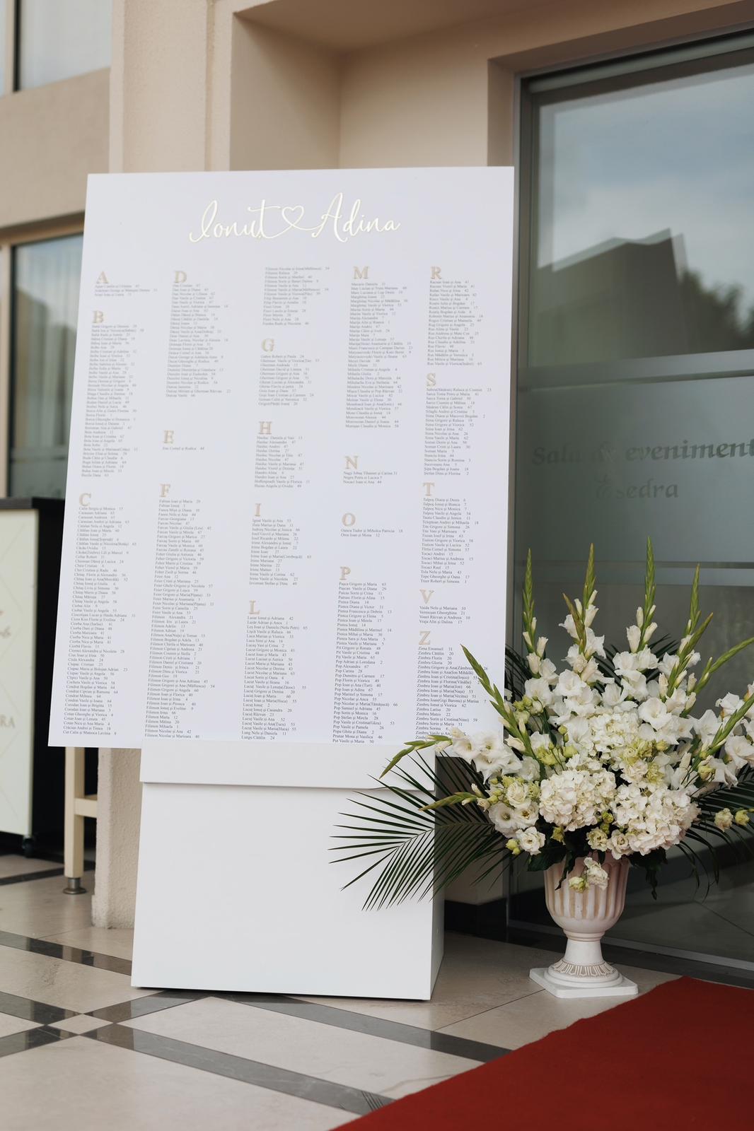 Semn acrilic premium pentru nuntă, design elegant cu detalii aurii, panou bine ați venit și plan așezare mese, realizat de Diandra Events