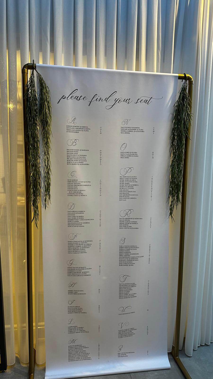 Plan de așezare a meselor imprimat pe pânză, decor elegant de nuntă, Diandra Events