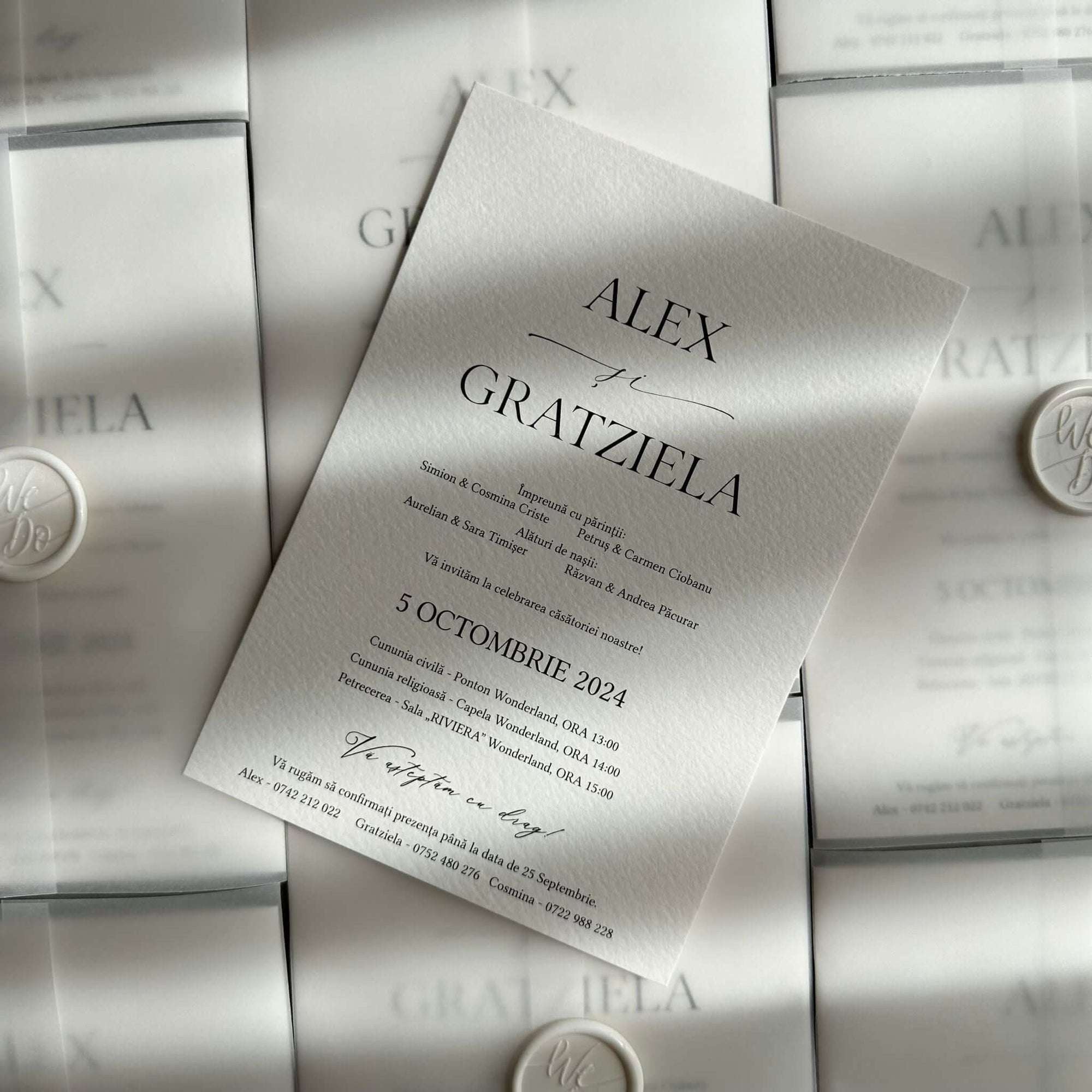 Papetărie nuntă handmade pe hârtie manuală, invitații minimaliste elegante premium fine art – Diandra Events