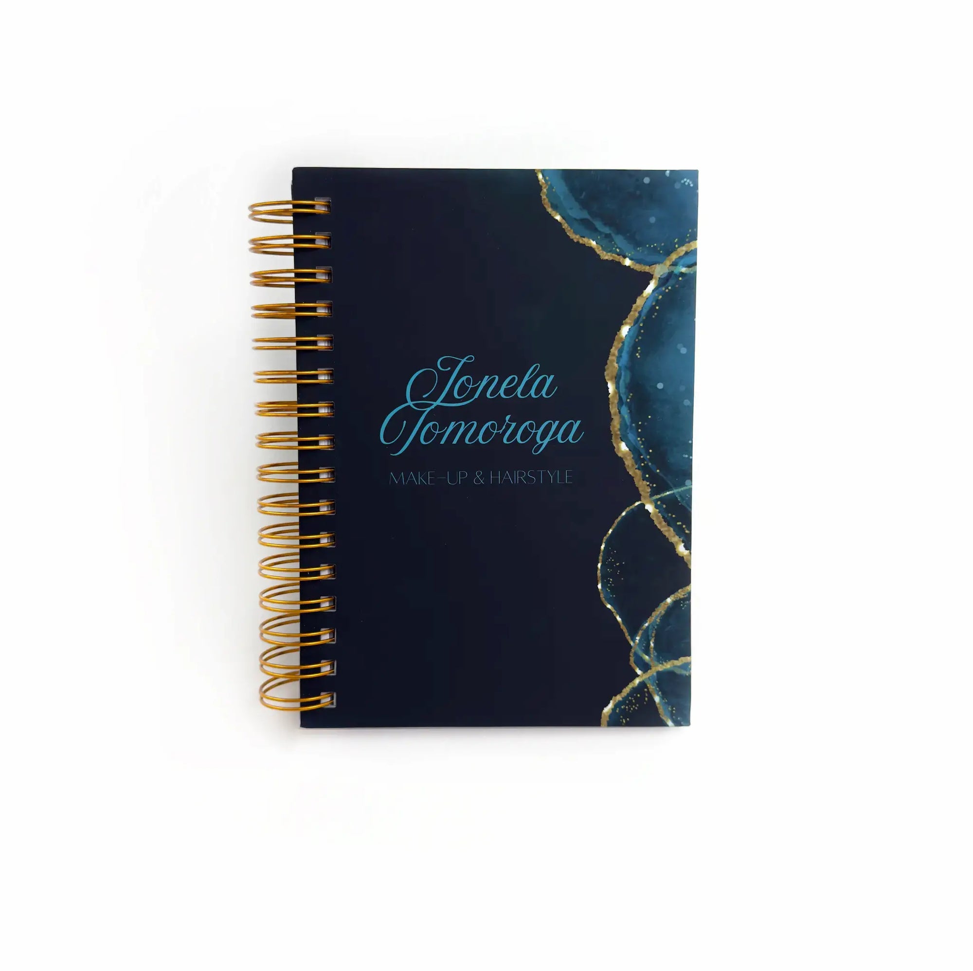 Agendă elegantă personalizată pentru profesioniști din beauty, cu spirală metalică aurie și copertă rezistentă