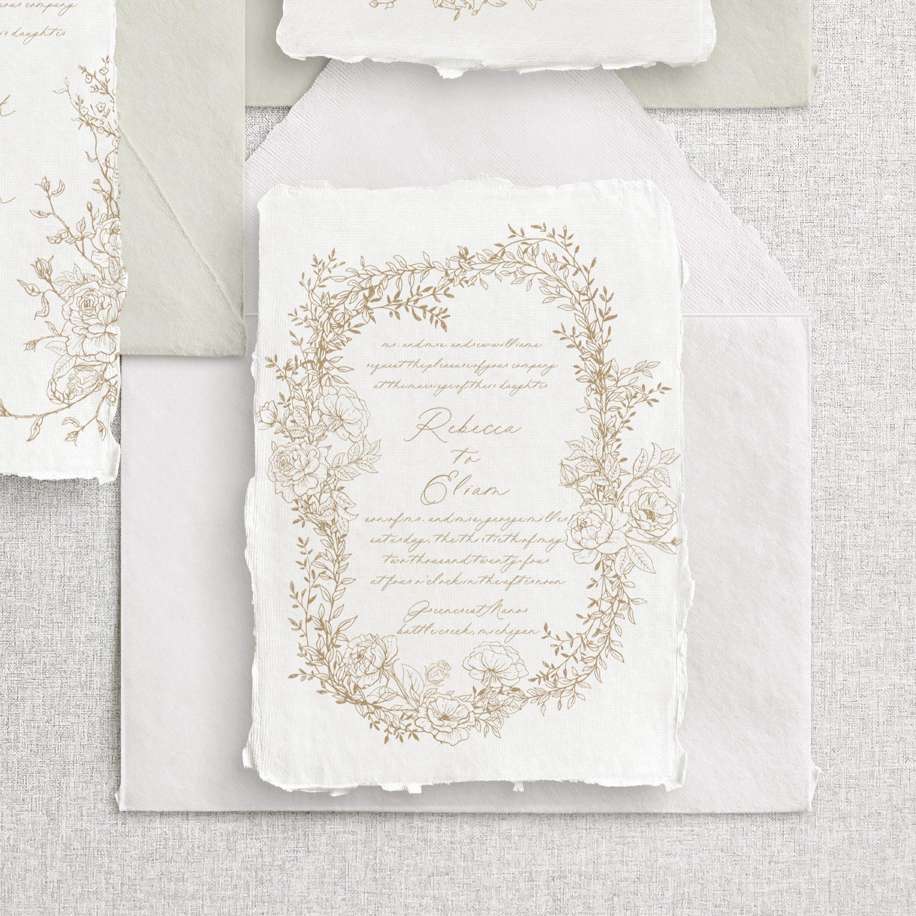 Invitație nuntă semi-personalizată pe hârtie handmade ivoire cu embosare aurie premium – Diandra Events România