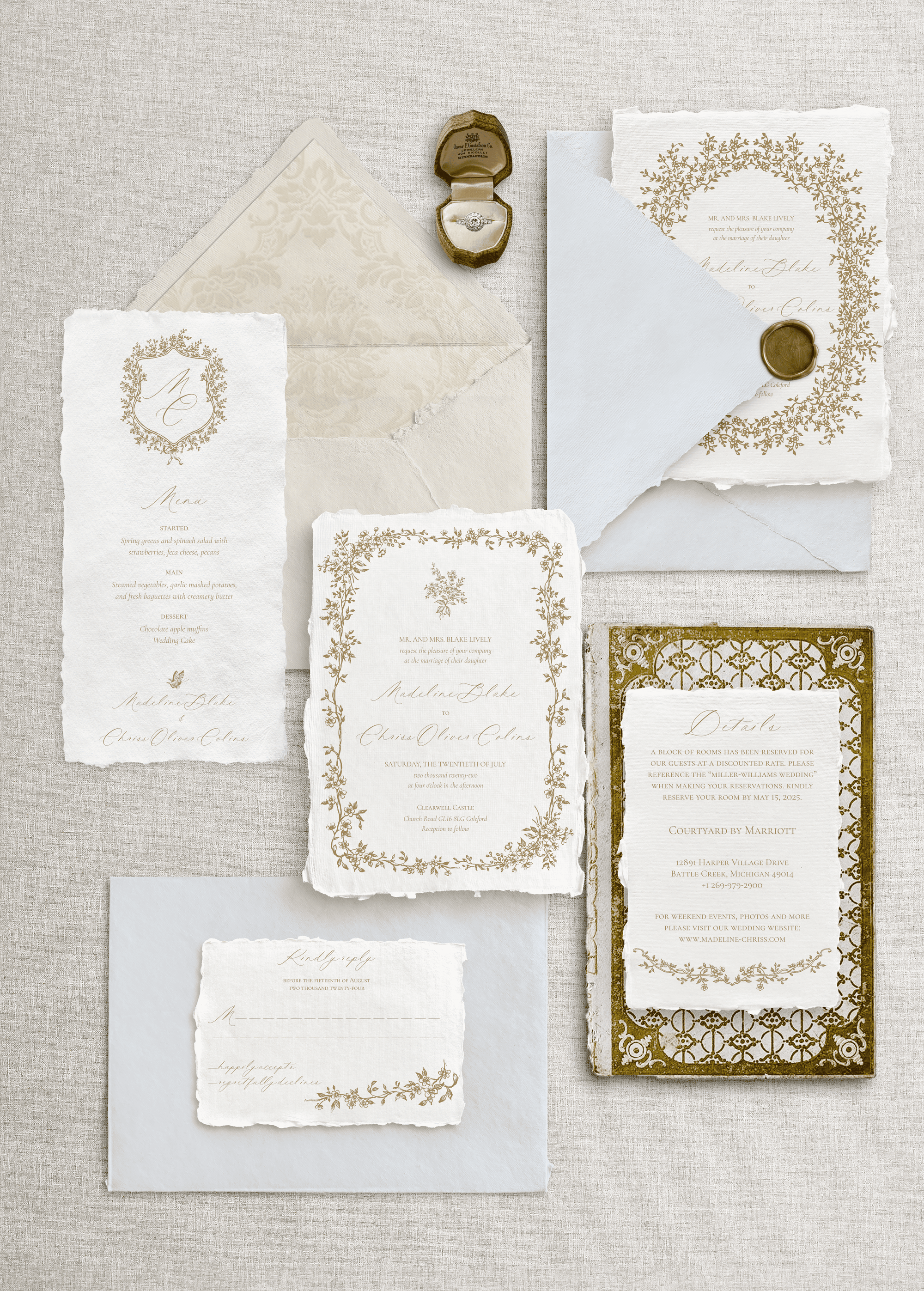 Set invitații de nuntă handmade pe hârtie manuală cu detalii aurii, papetărie fină de lux – Diandra Events