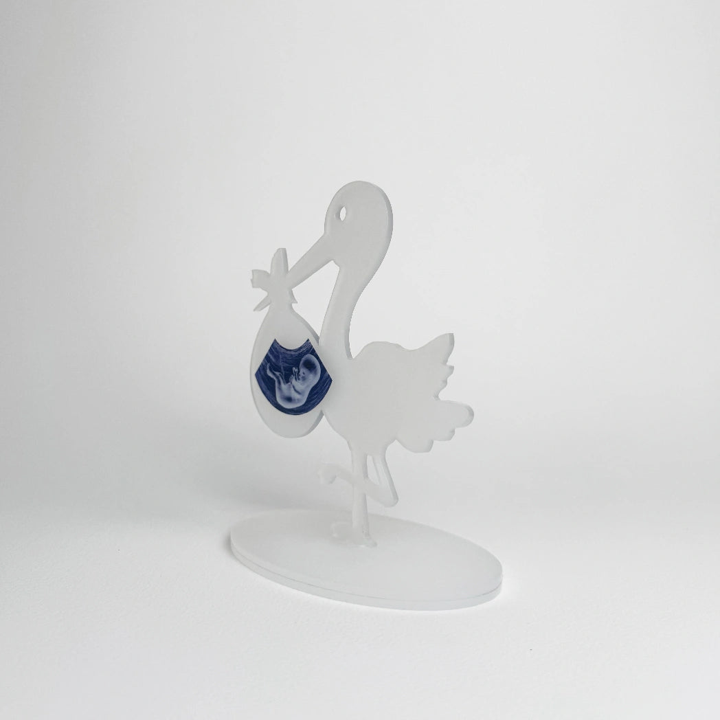 Cadou anunt sarcina personalizat cu figurina barza si fotografie ecograf – Diandra Events