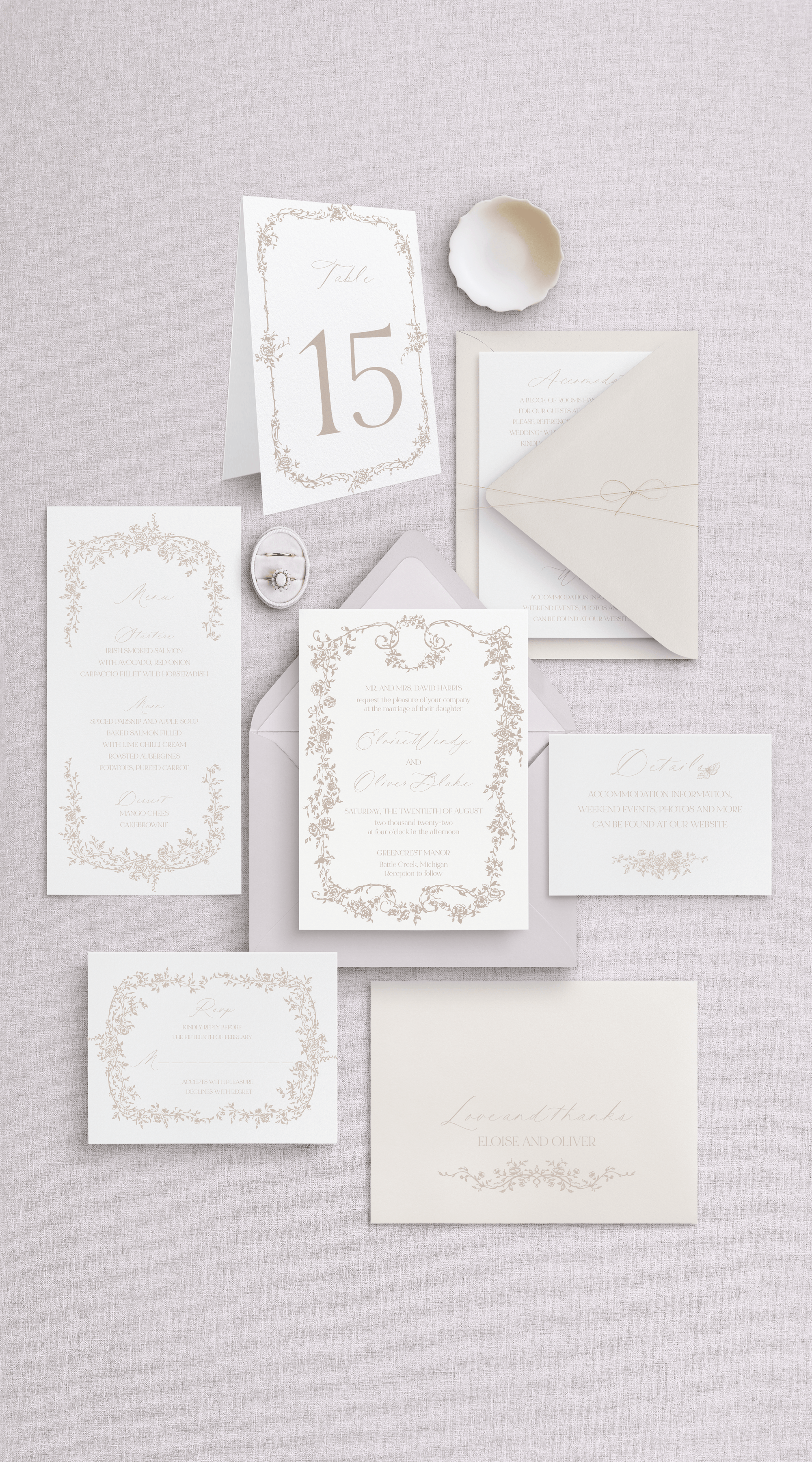 Invitații de nuntă handmade pe hârtie manuală, papetărie de lux fine art cu meniu și card – Diandra Events