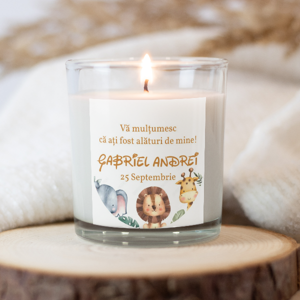 Etichete autocolante botez personalizabile cu nume și dată, design tematic, realizate de Diandra Events