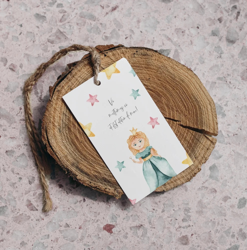 Etichetă personalizabilă botez cu prințesă și stele colorate, creată de Diandra Events
