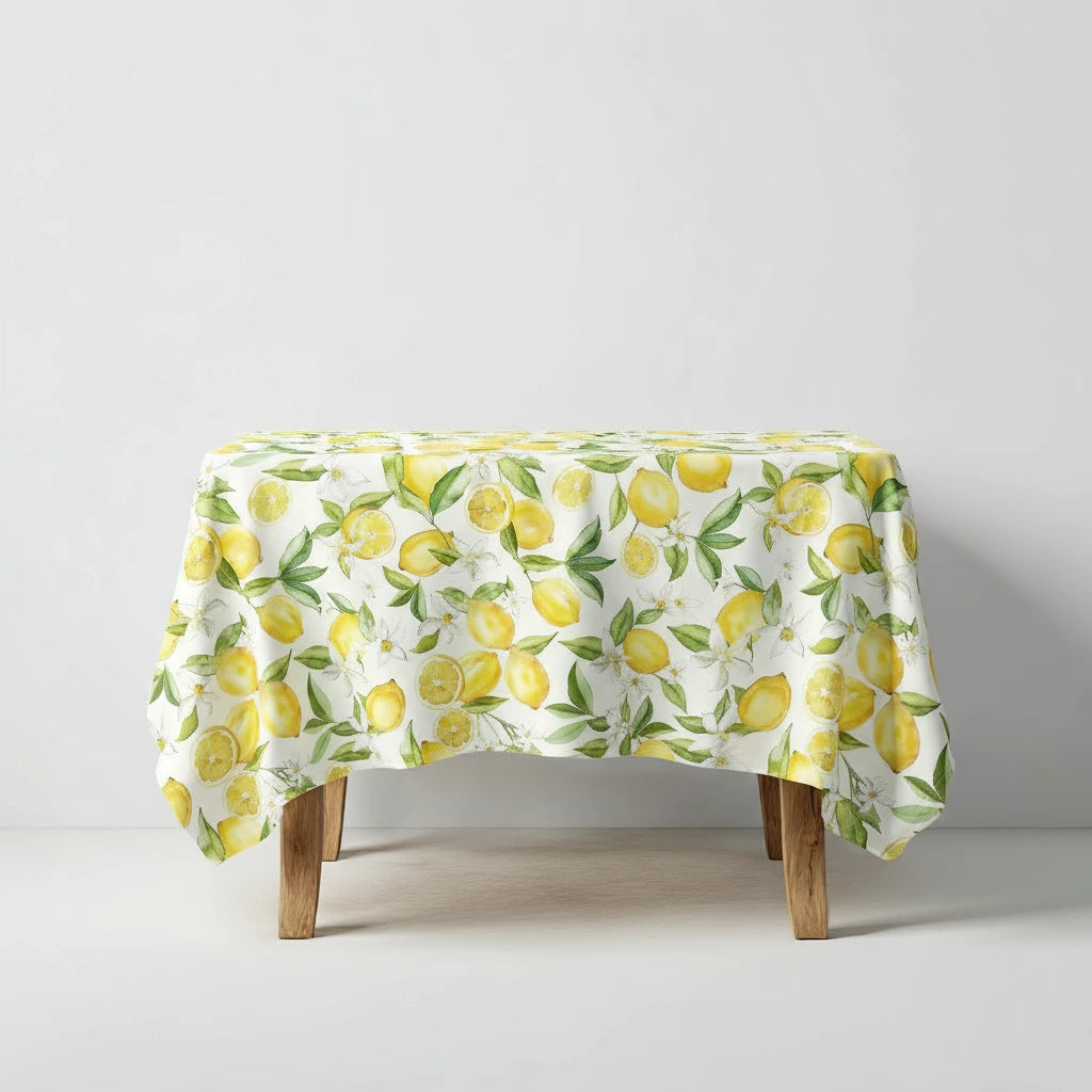 ață de masă tematică pentru nuntă, model cu lămâi și frunze verzi, decor elegant de masă – Diandra Events